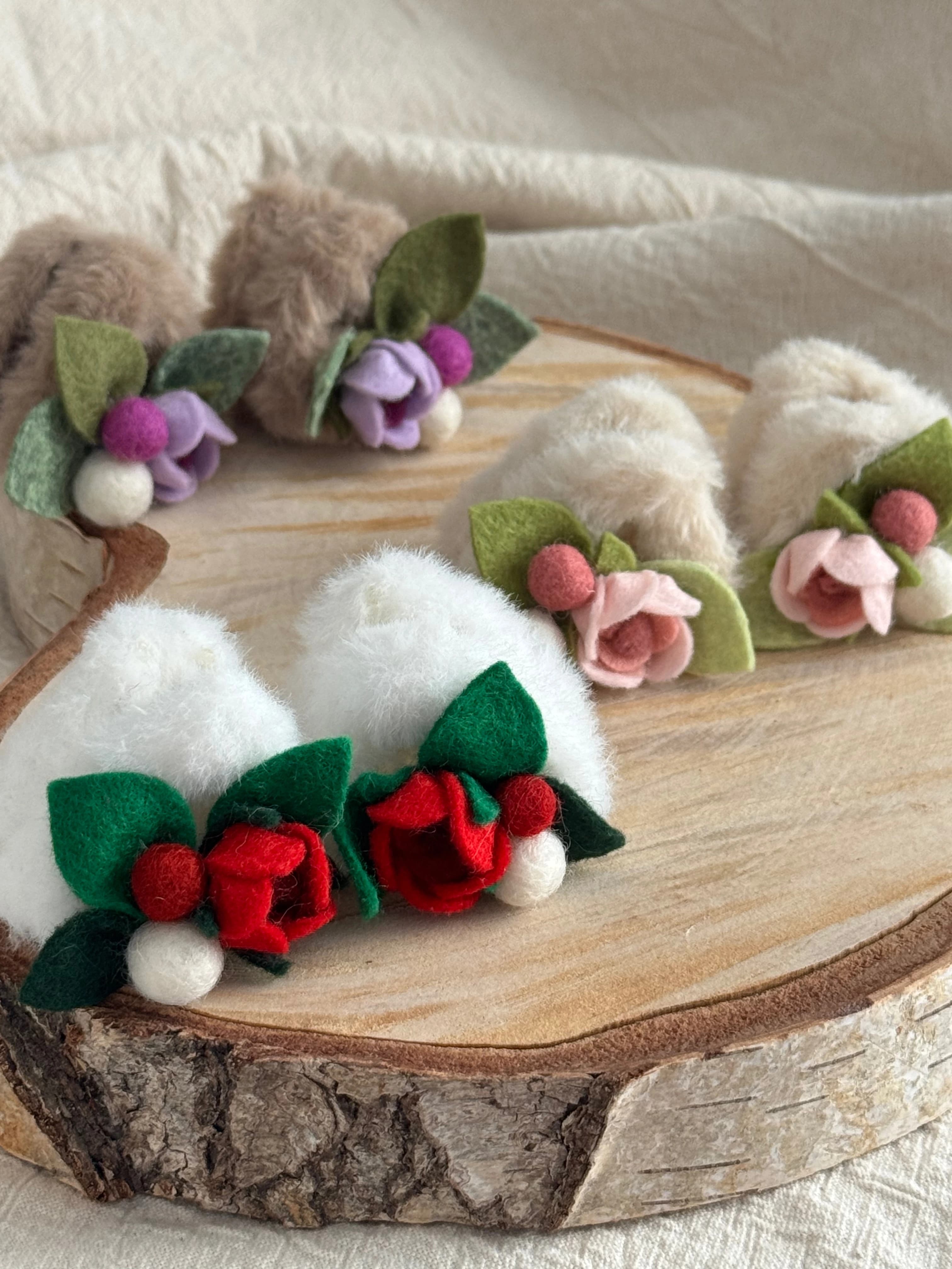 Cat Ear Rose Plush Hair Clips — Pair — handmade felt hair clip