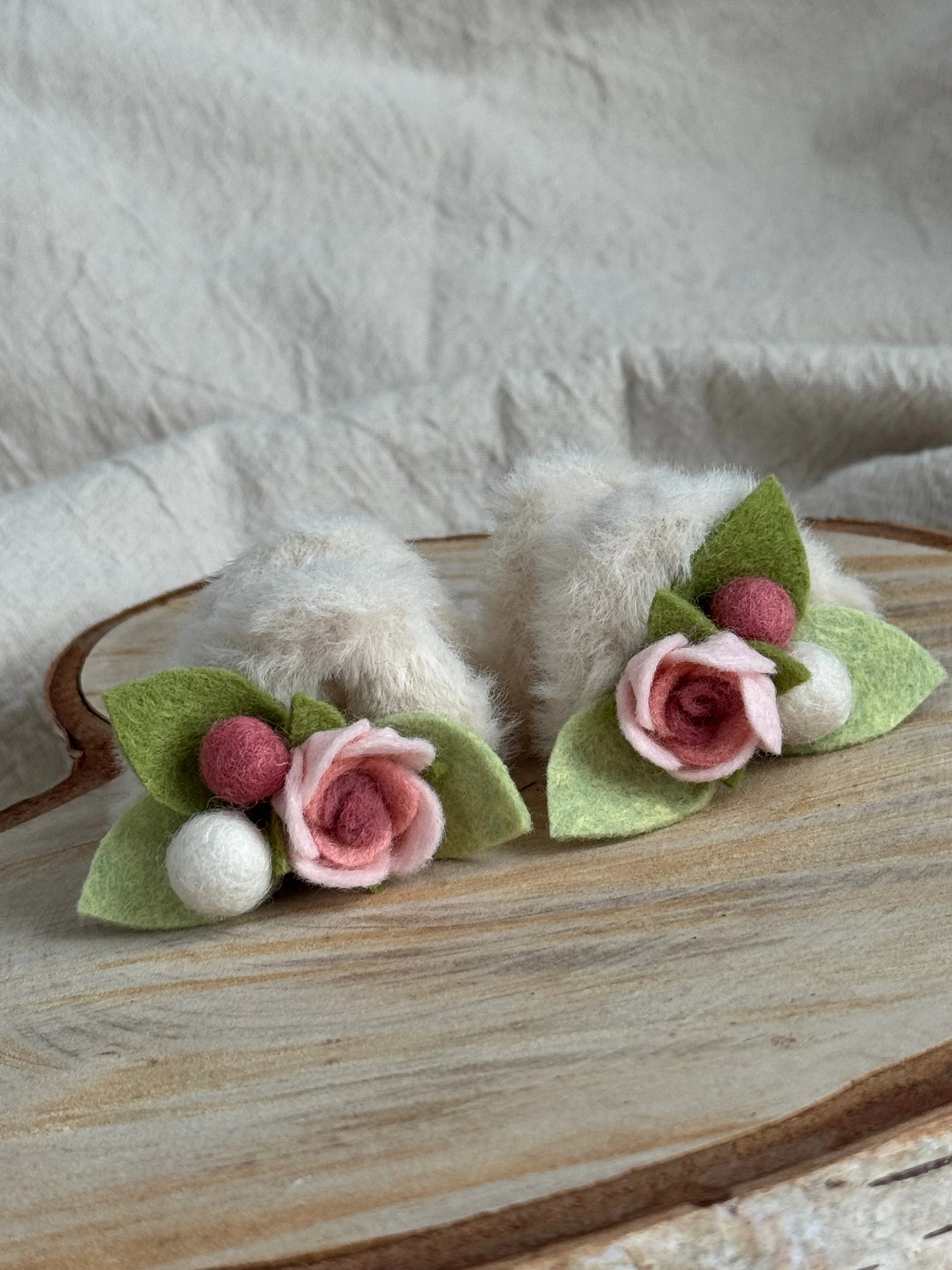Cream plush cat-ear hair clip pair with pink felt roses