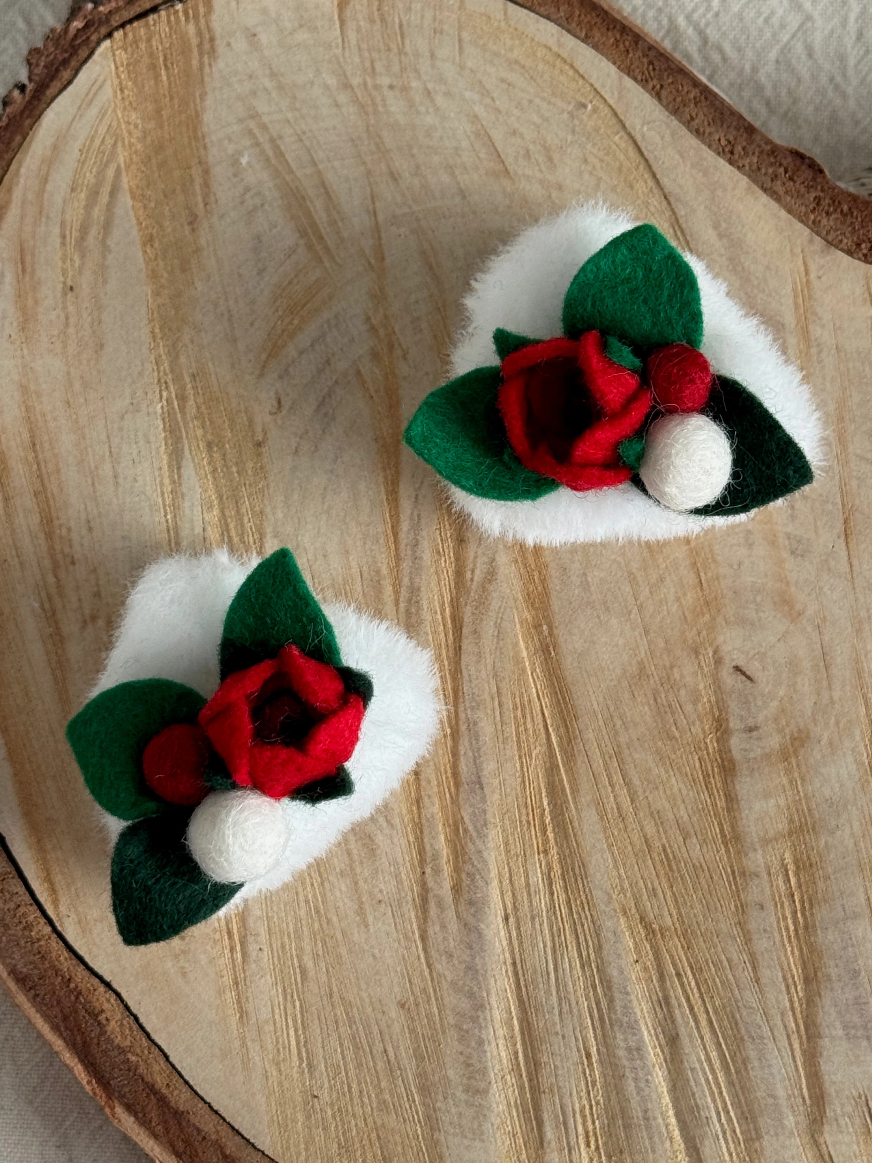 White plush cat-ear hair clip pair with red felt roses