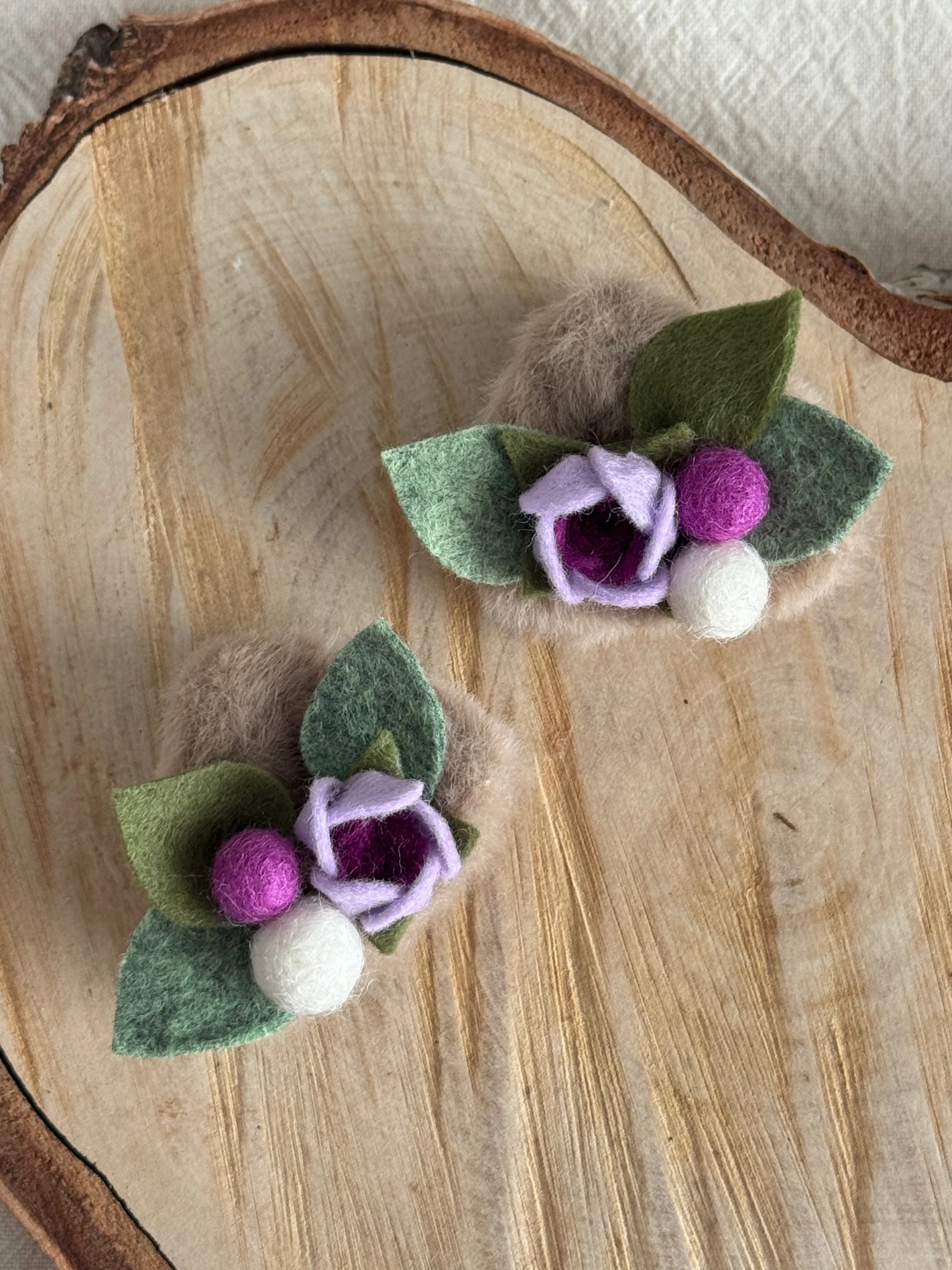 Taupe plush cat-ear hair clip pair with purple felt roses