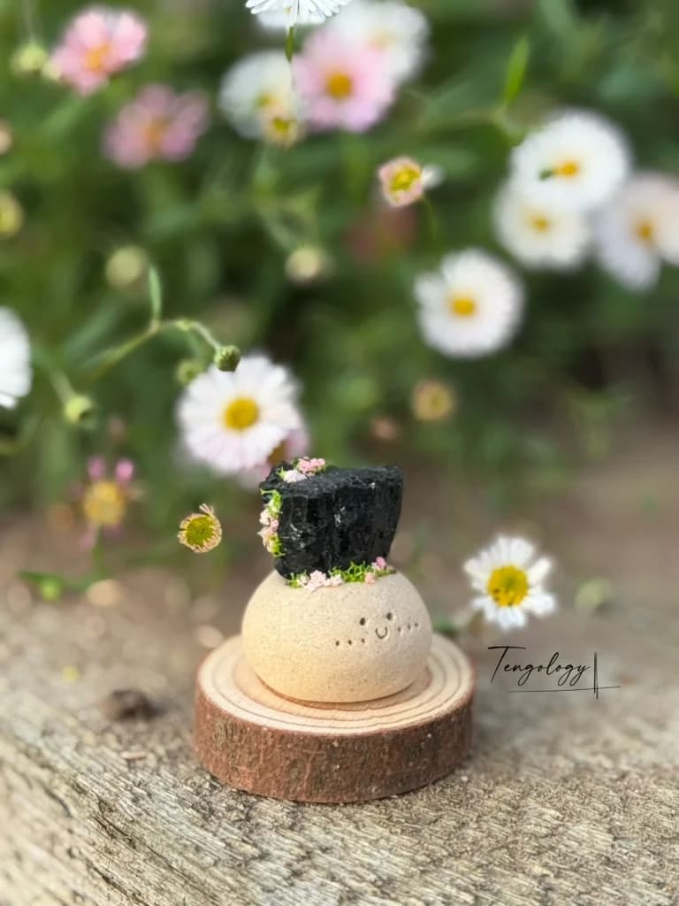 A small Crysprout wearing a block of black tourmaline
