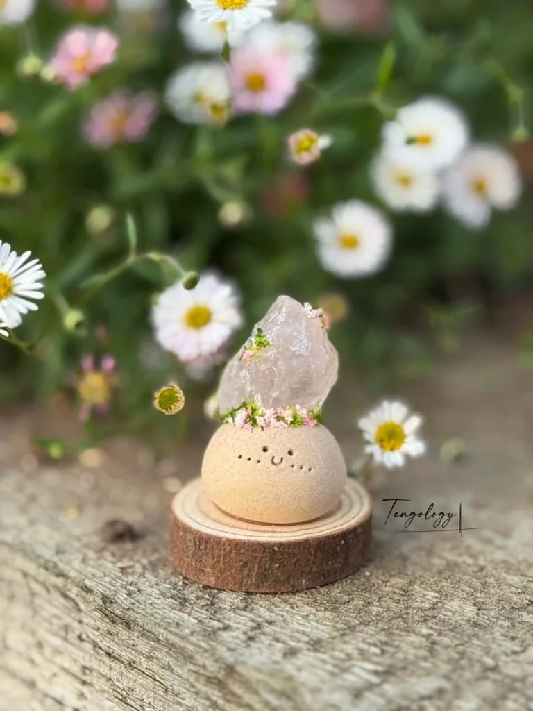 A small Crysprout with rough pink rose quartz