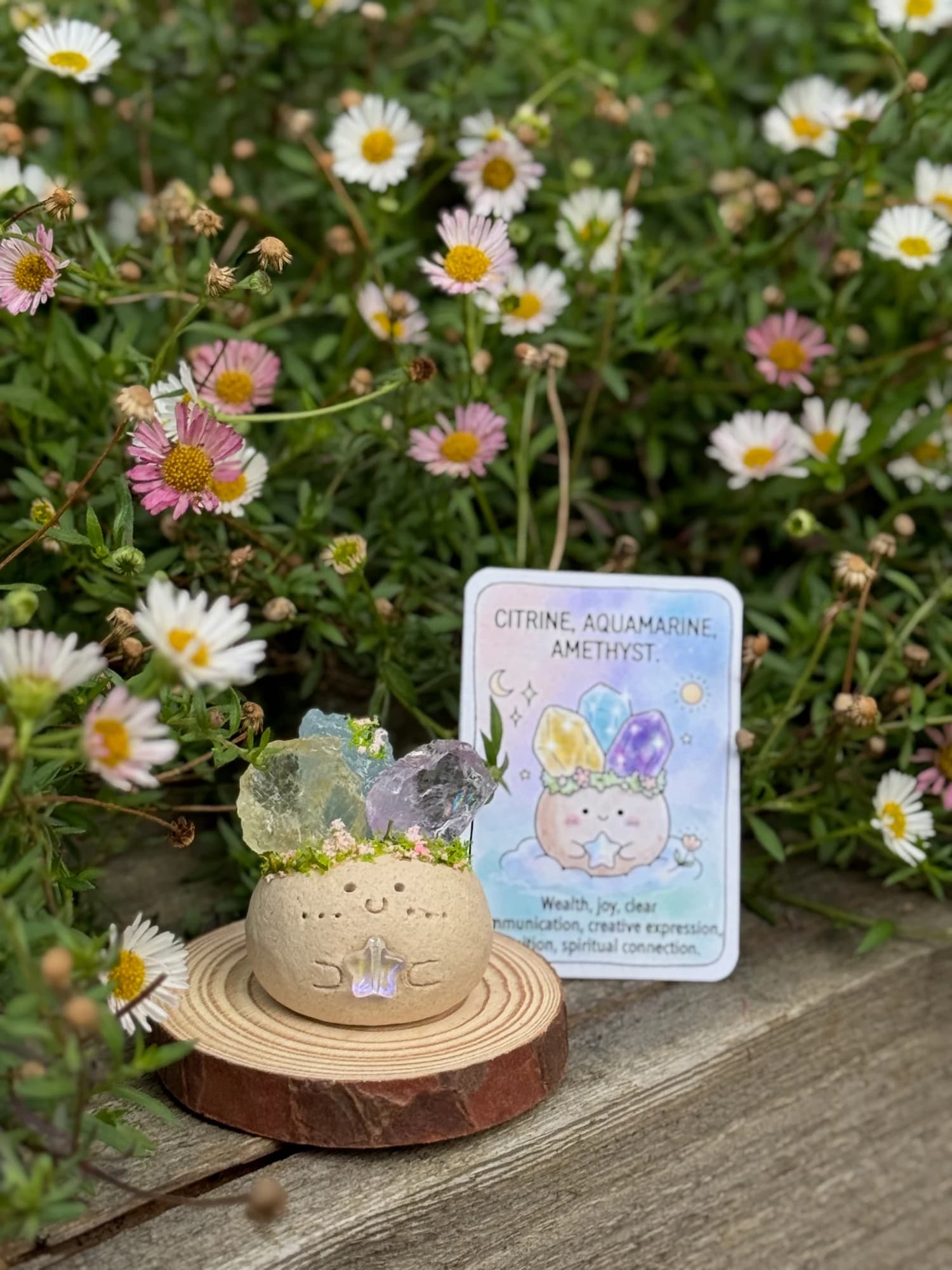 Citrine, Aquamarine & Amethyst Crysprout — No. 1 — photographed in the garden, additional view