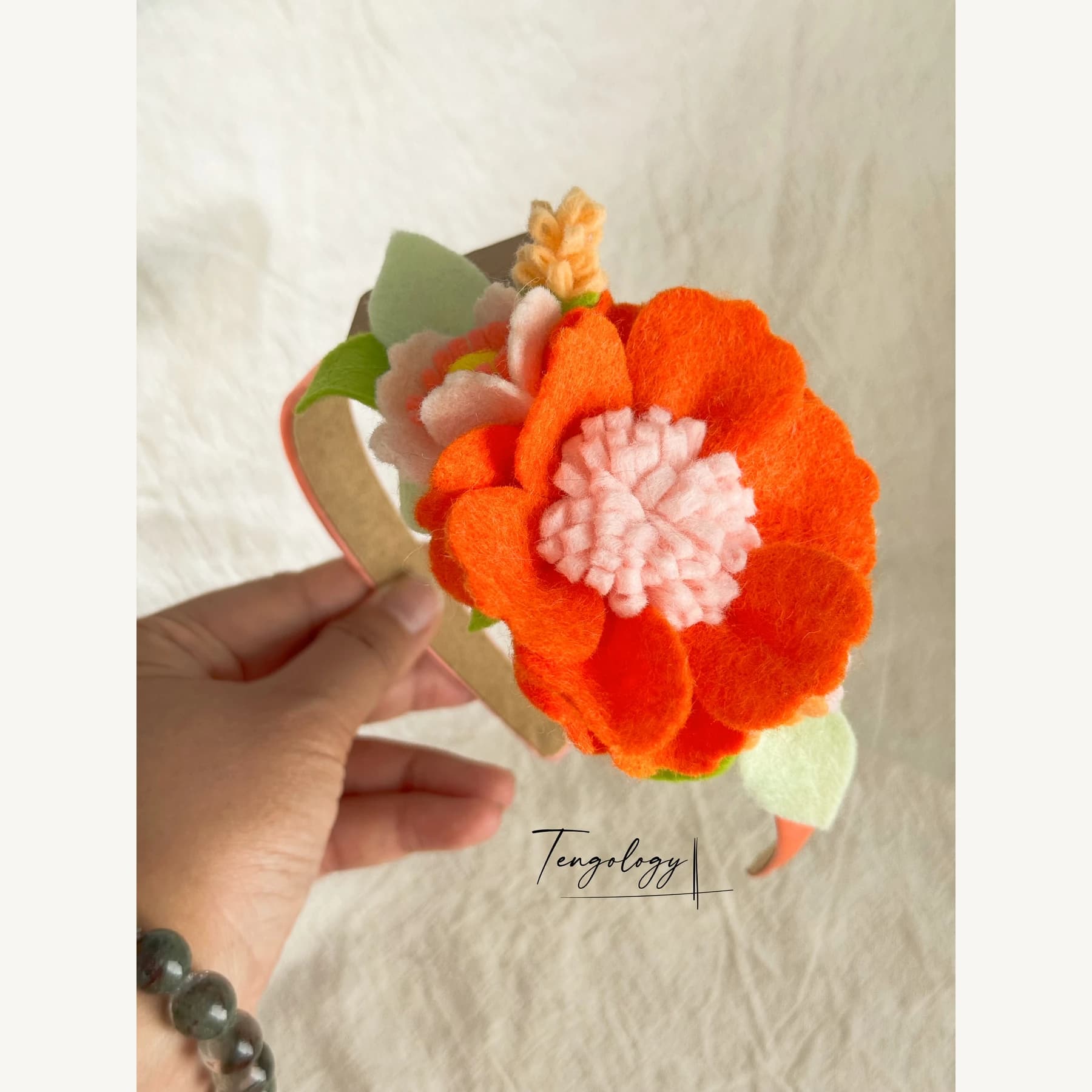 Felt Flower Garden Headband — Orange / pale pink centre