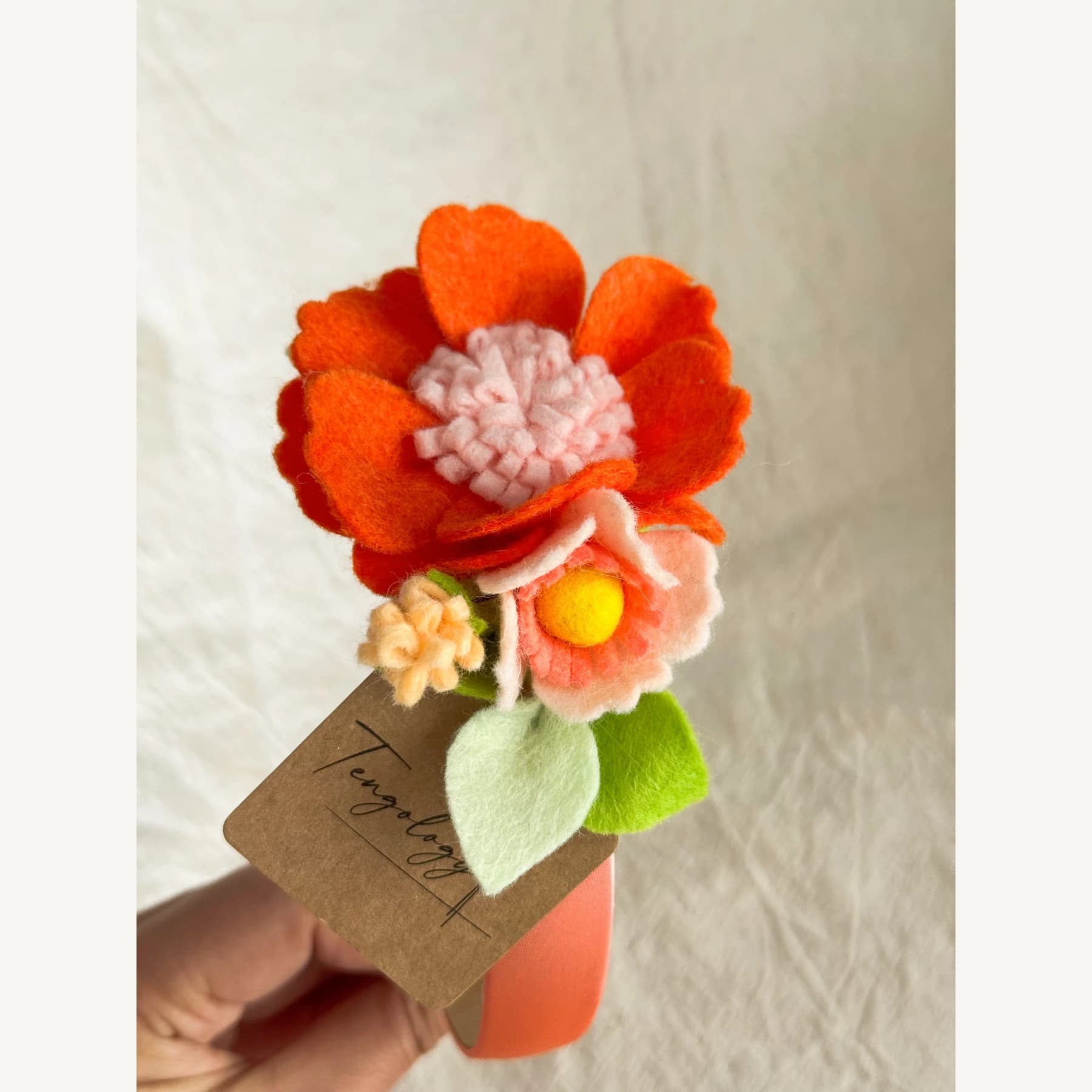 Felt Flower Garden Headband — Orange / pale pink centre