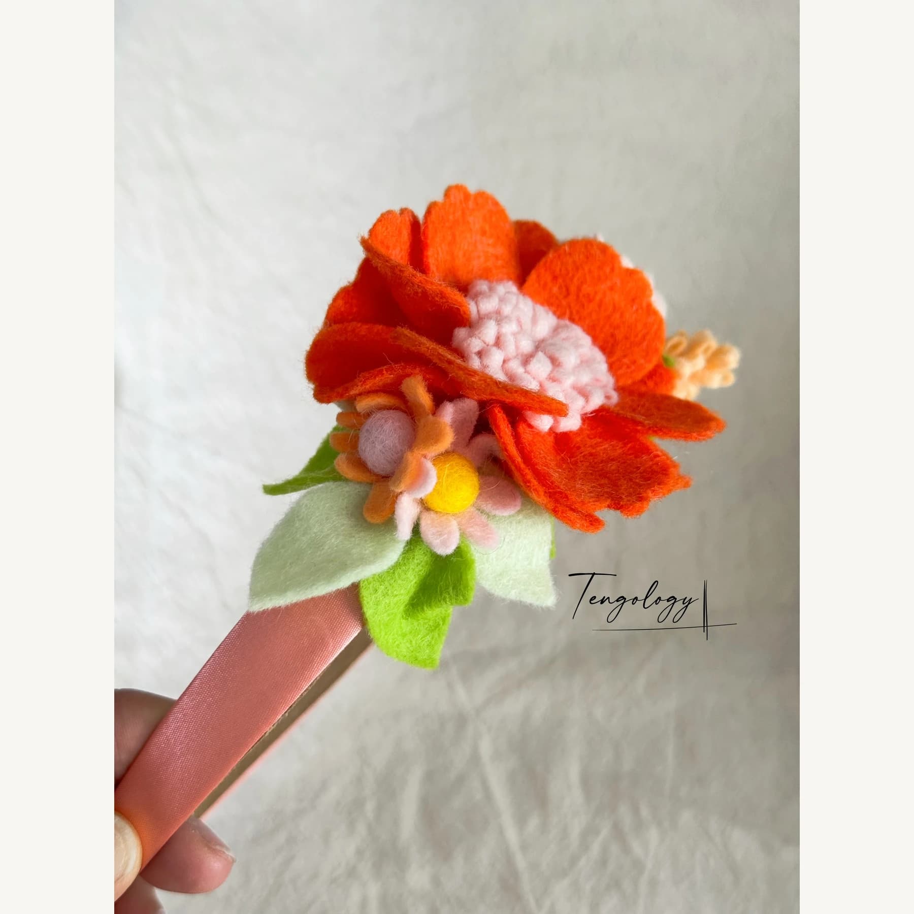 Felt Flower Garden Headband — Orange / pale pink centre