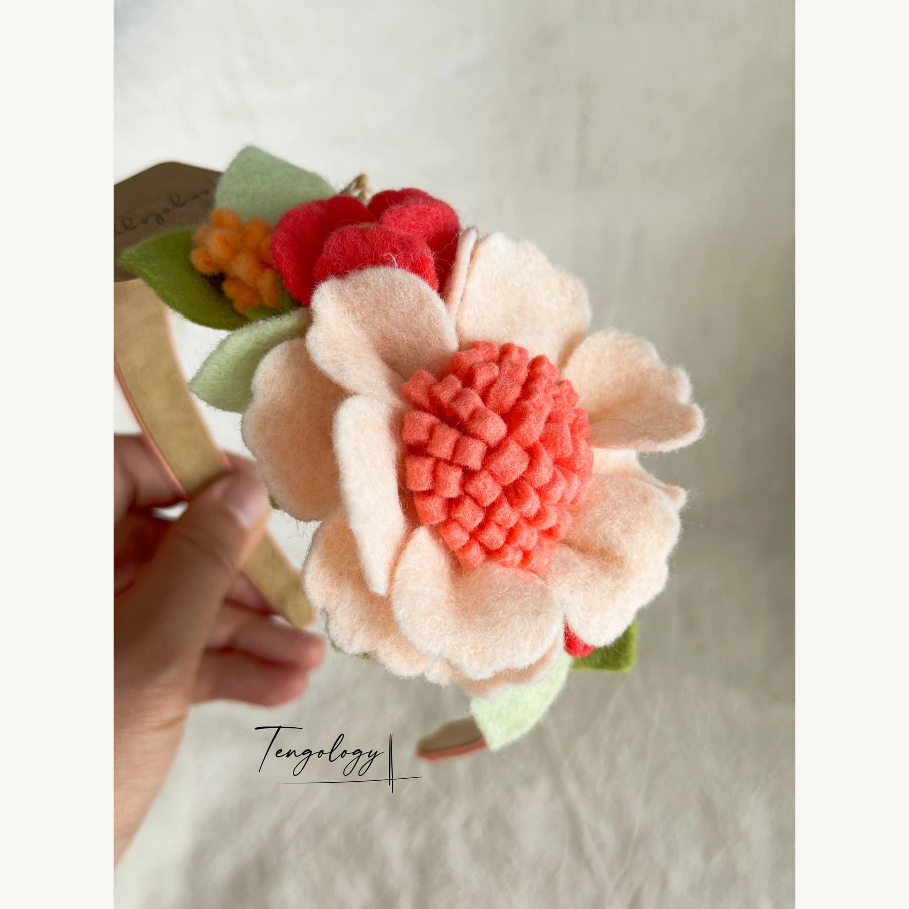 Felt Flower Garden Headband — Cream / coral centre