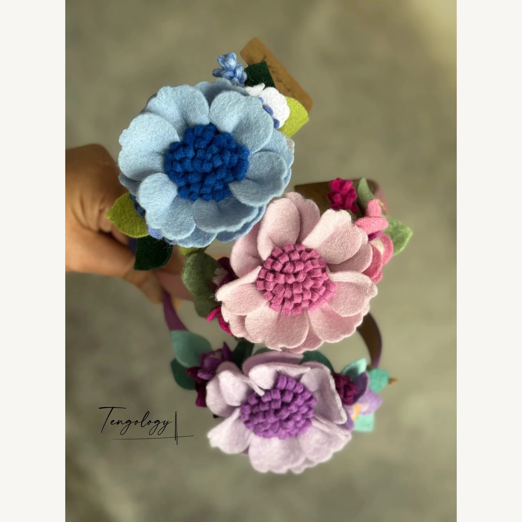 Felt Flower Garden Headband — styling examples — pale blue, pink and lilac headbands together