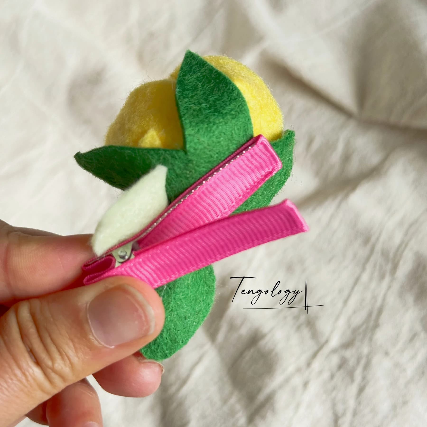 Layered felt flower hair clip — Yellow / blue centre, alligator clip back