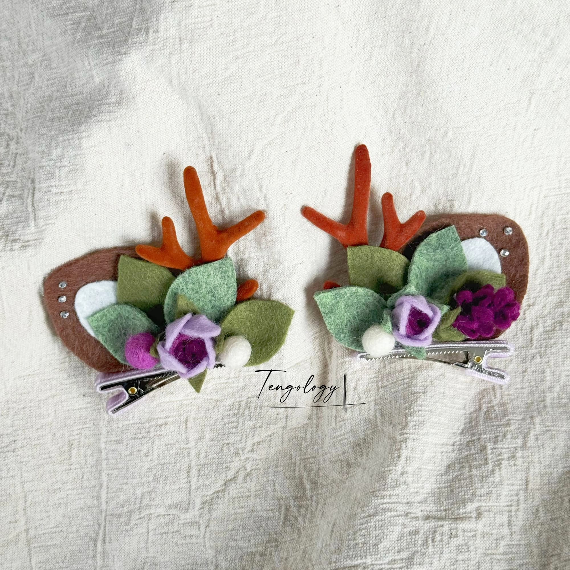 Reindeer Antler & Rose Hair Clips — Purple / lavender