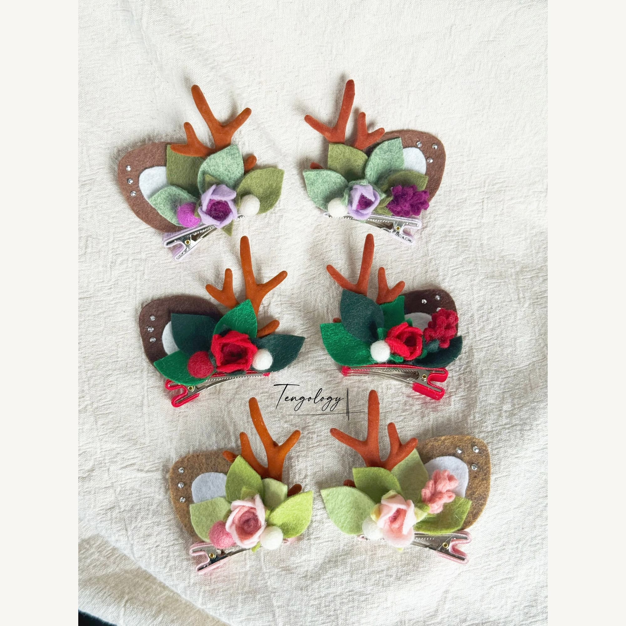 Reindeer Antler & Rose Hair Clips — Pair — handmade felt hair clip