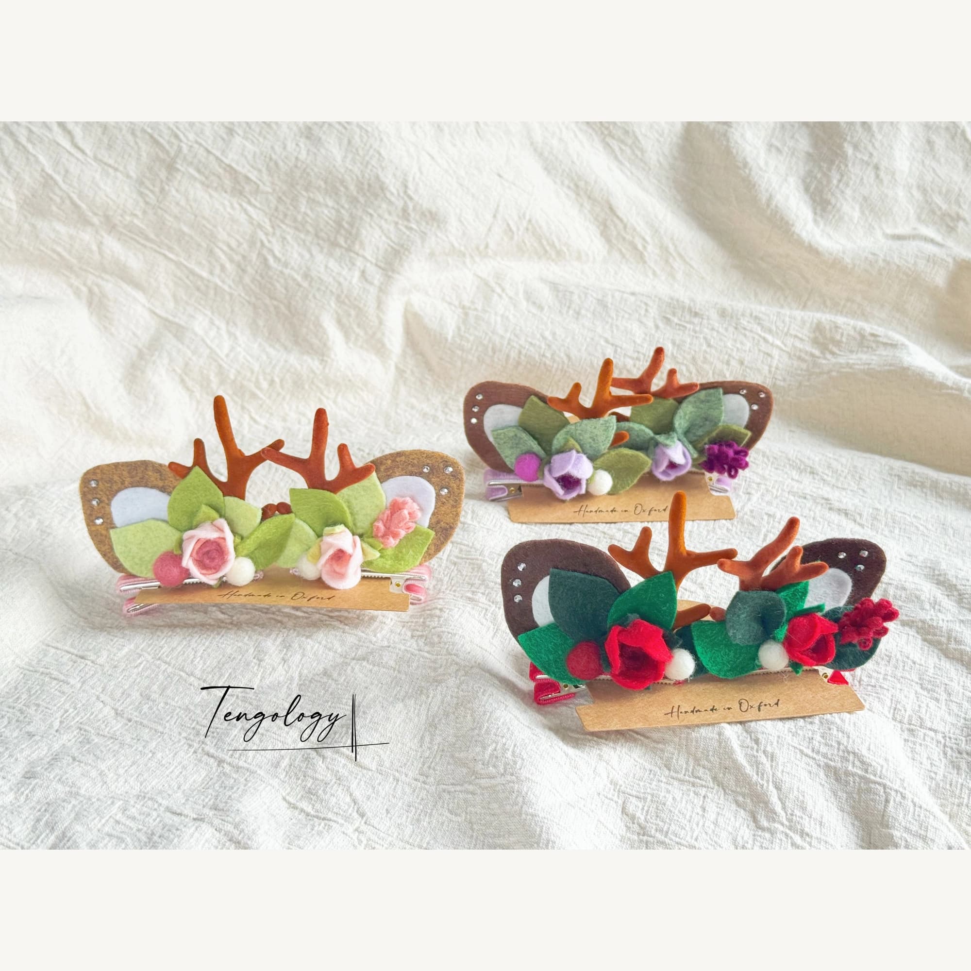 Reindeer Antler & Rose Hair Clips — three colourways together