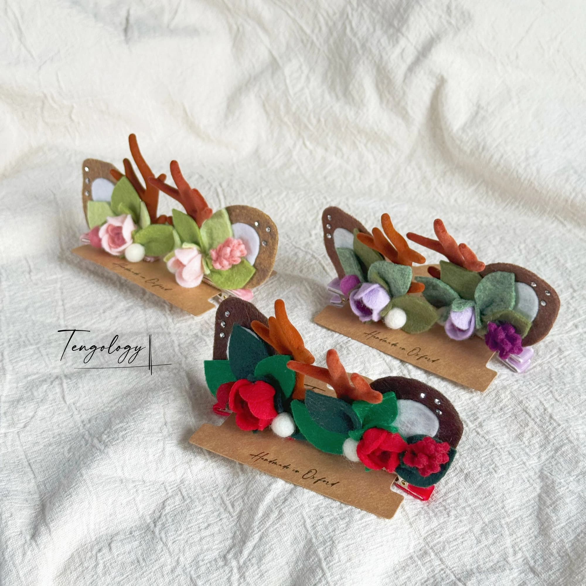 Reindeer Antler & Rose Hair Clips — three colourways together