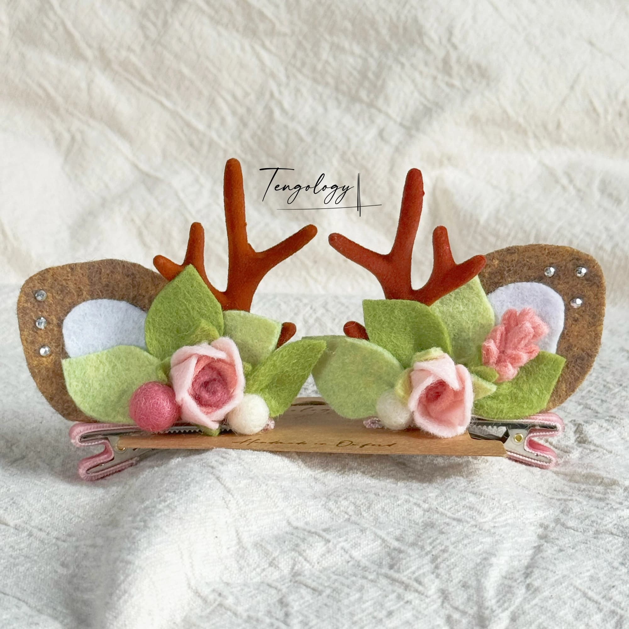 Reindeer Antler & Rose Hair Clips — Blush / pink