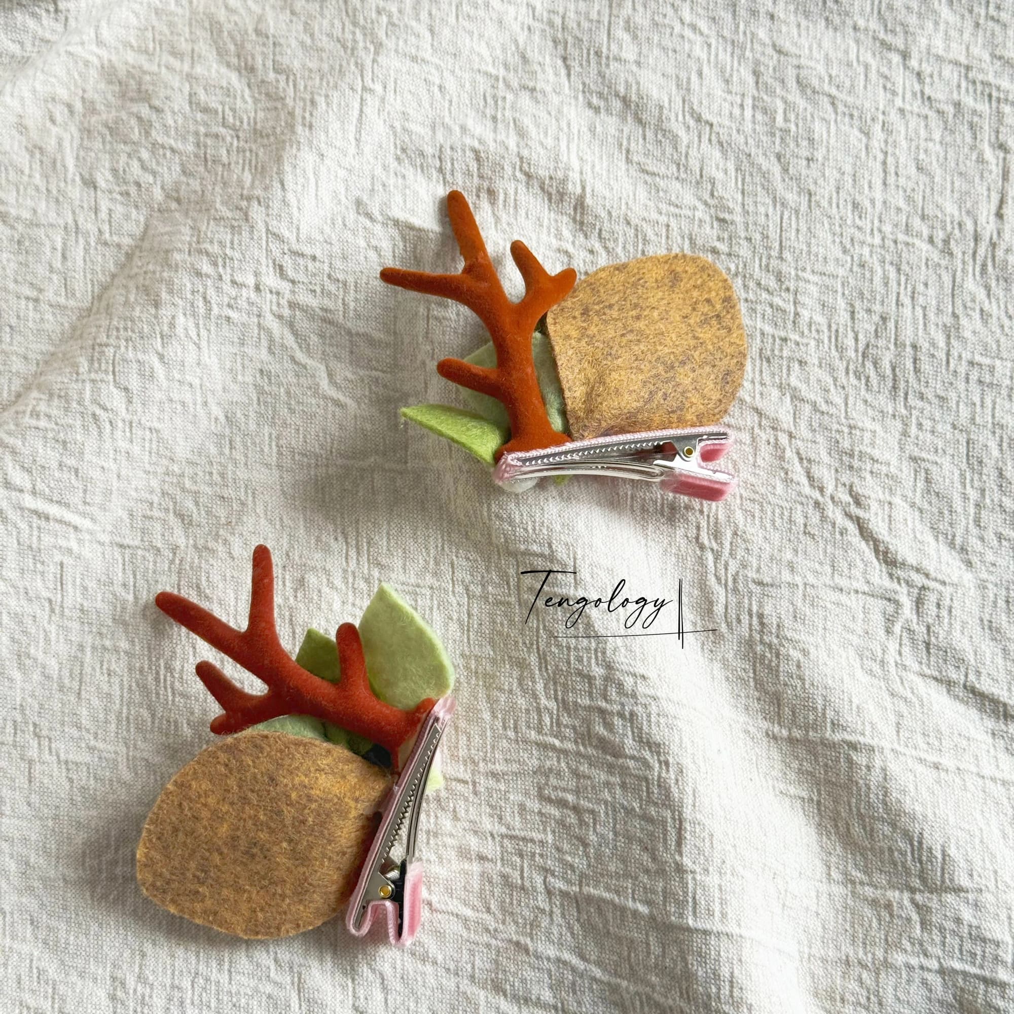 Reindeer Antler & Rose Hair Clips — Blush / pink, back and fastening