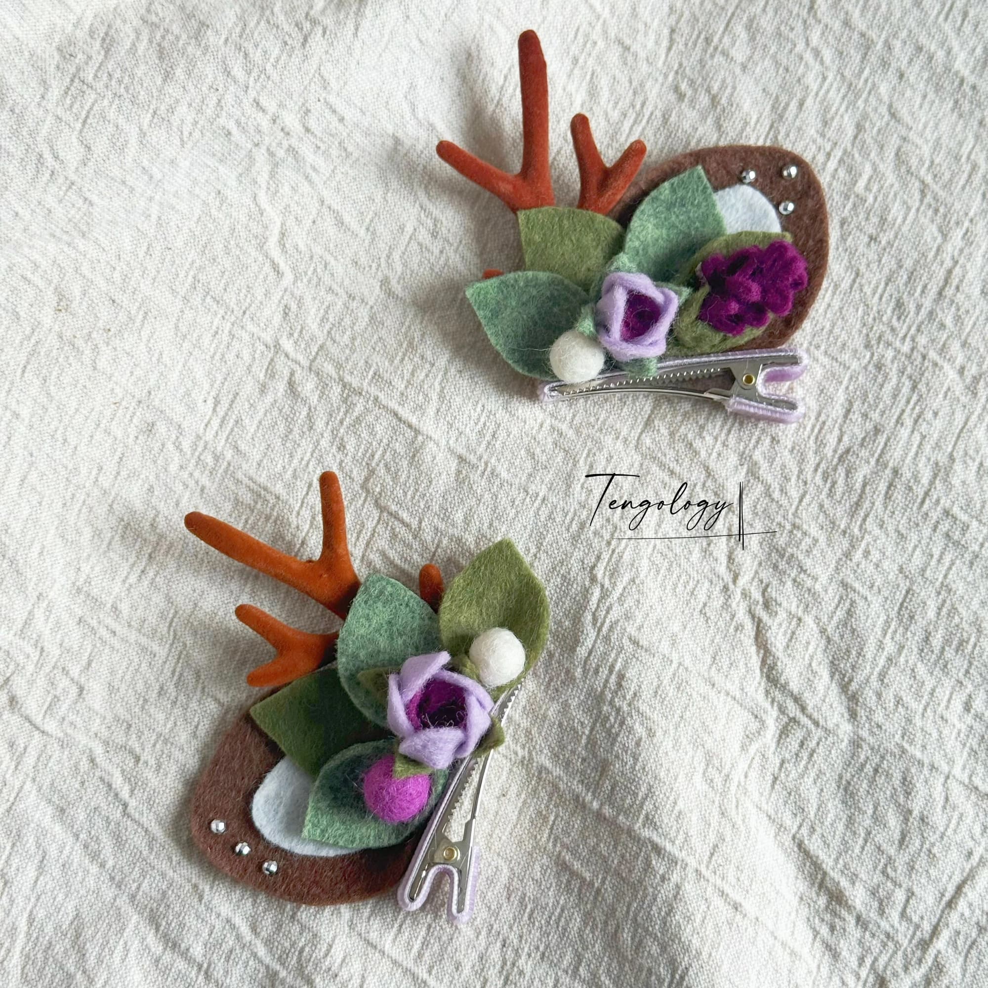 Reindeer Antler & Rose Hair Clips — Purple / lavender