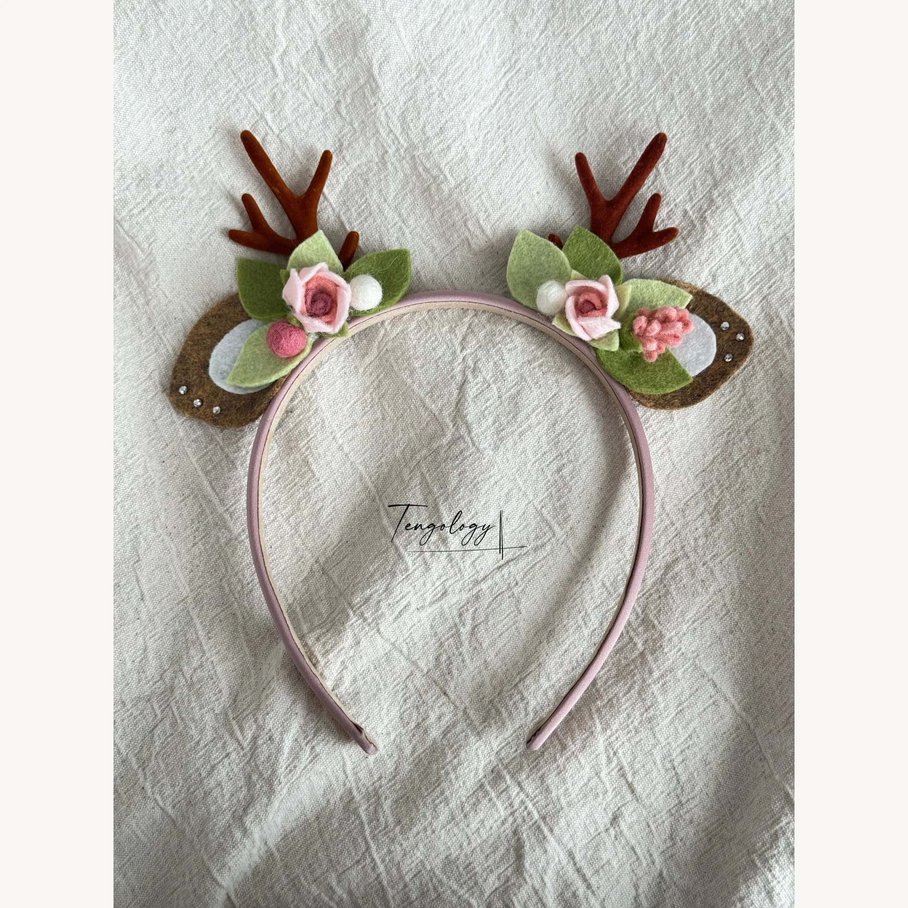 Reindeer Antler & Rose Floral Headband — Blush / pink band — full headband