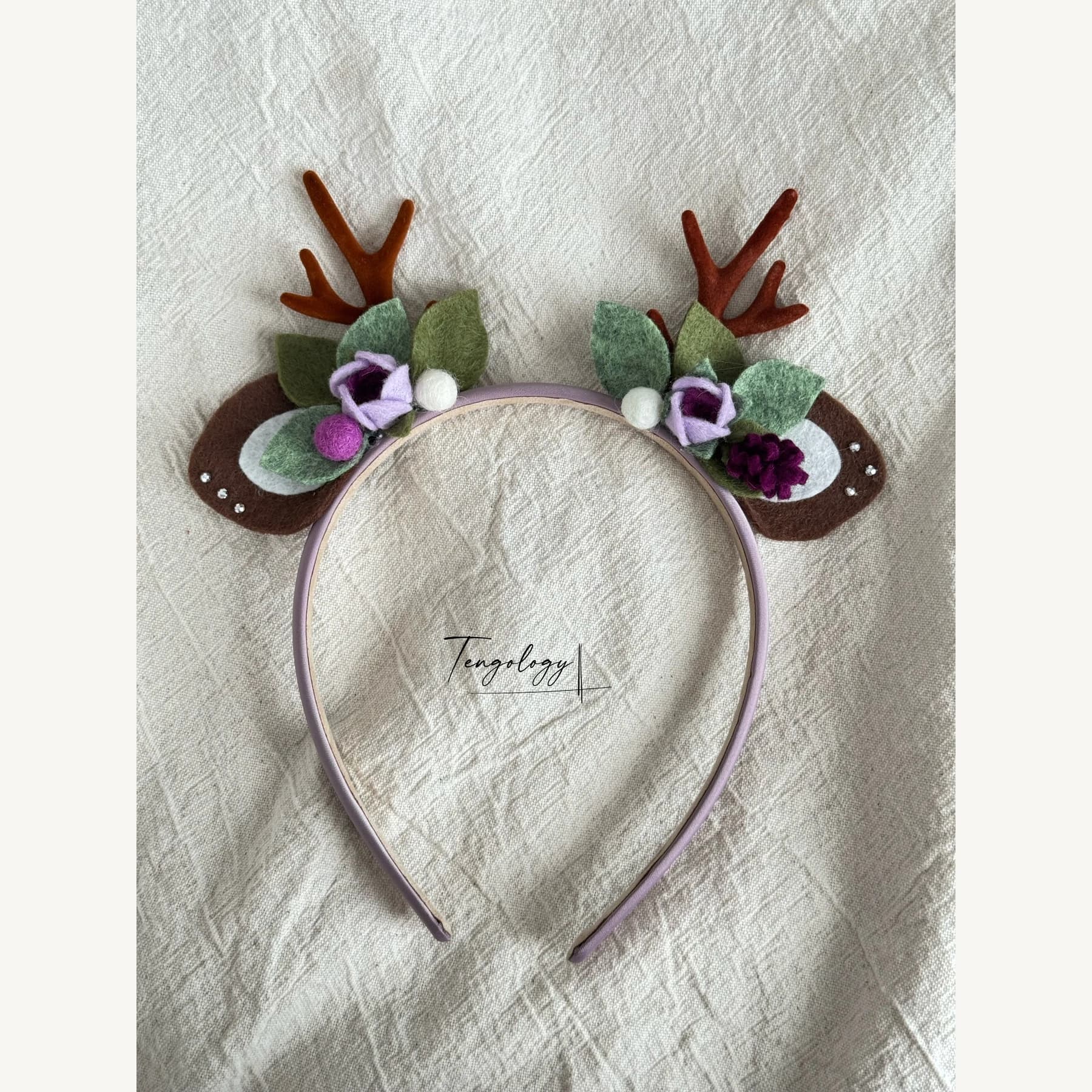 Reindeer Antler & Rose Floral Headband — Purple / lavender band — full headband