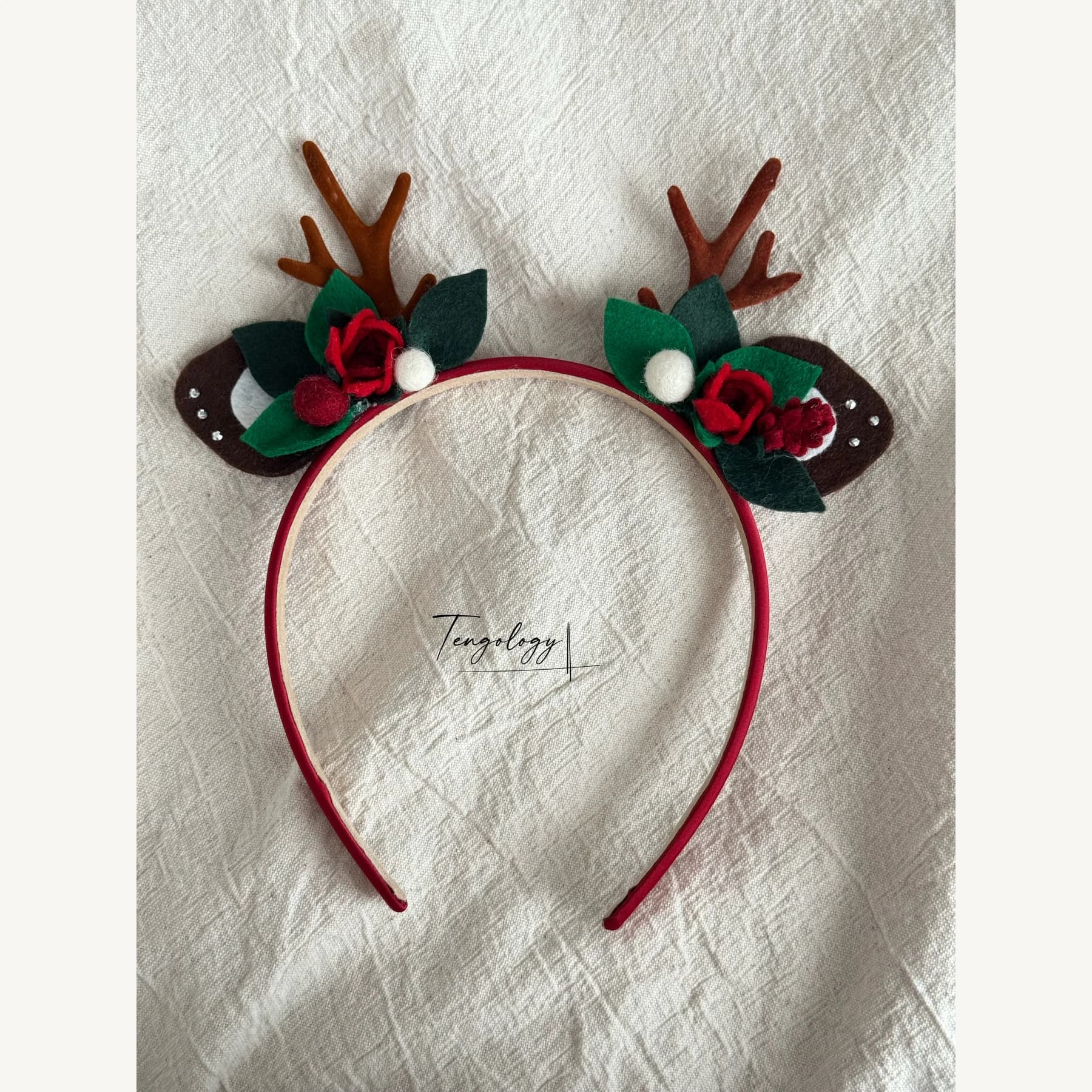Reindeer Antler & Rose Floral Headband — Red band — full headband