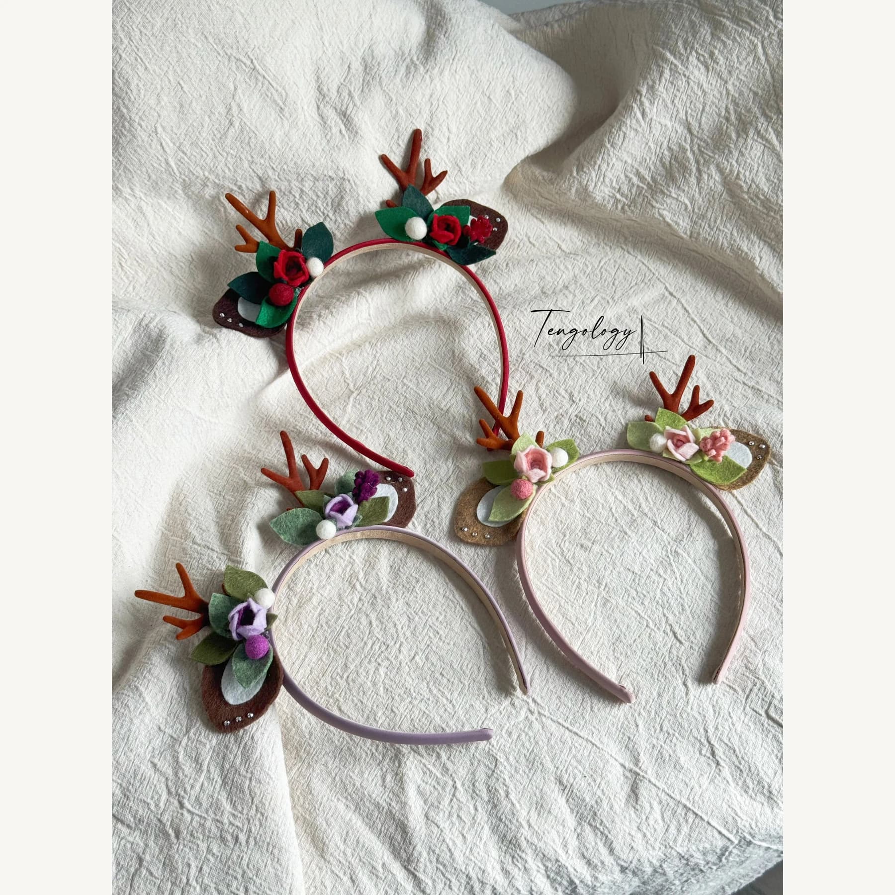 Reindeer Antler & Rose Floral Headband — handmade felt headband