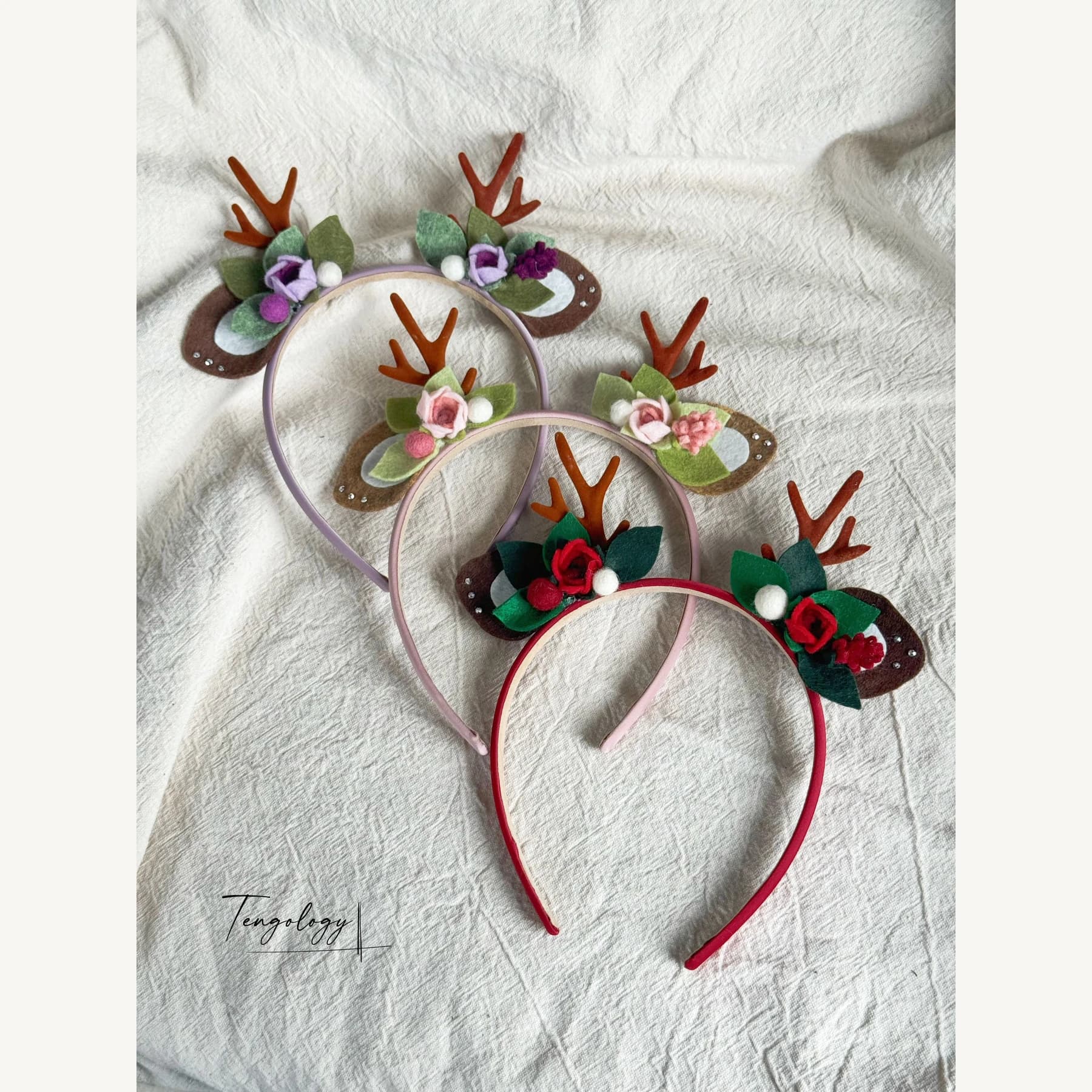 Reindeer Antler & Rose Floral Headband — Three colourways together