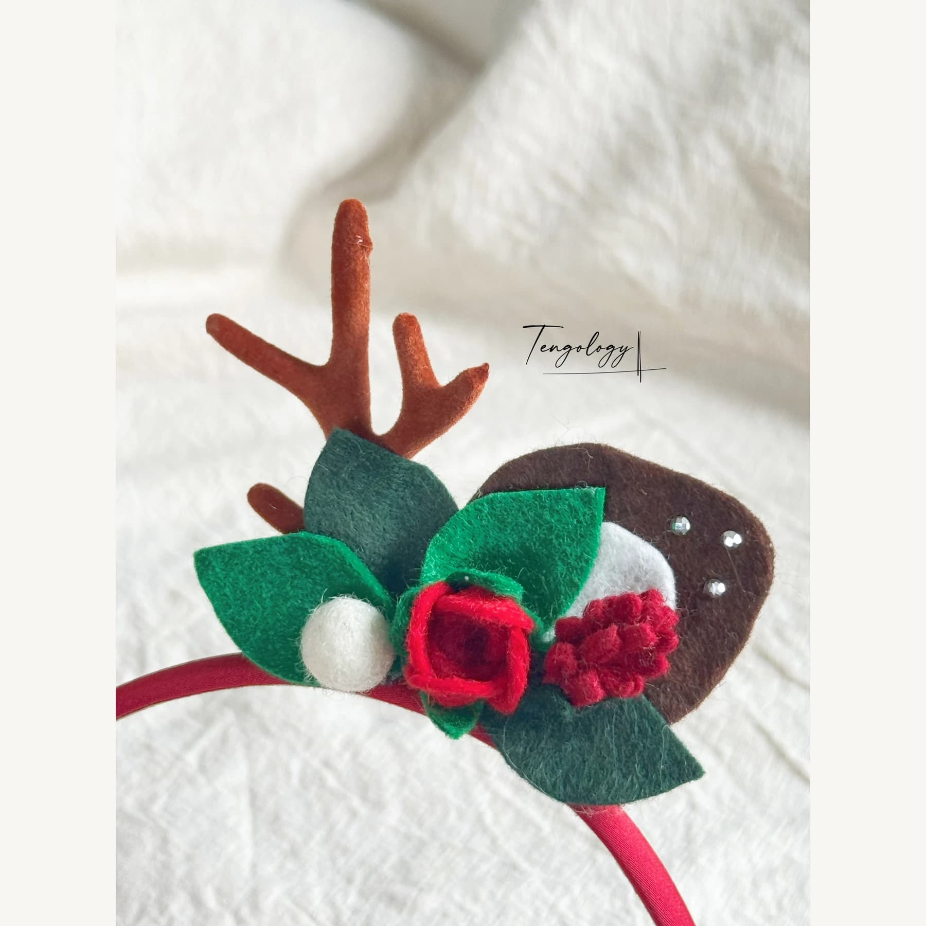 Reindeer Antler & Rose Floral Headband — Red band — rose detail