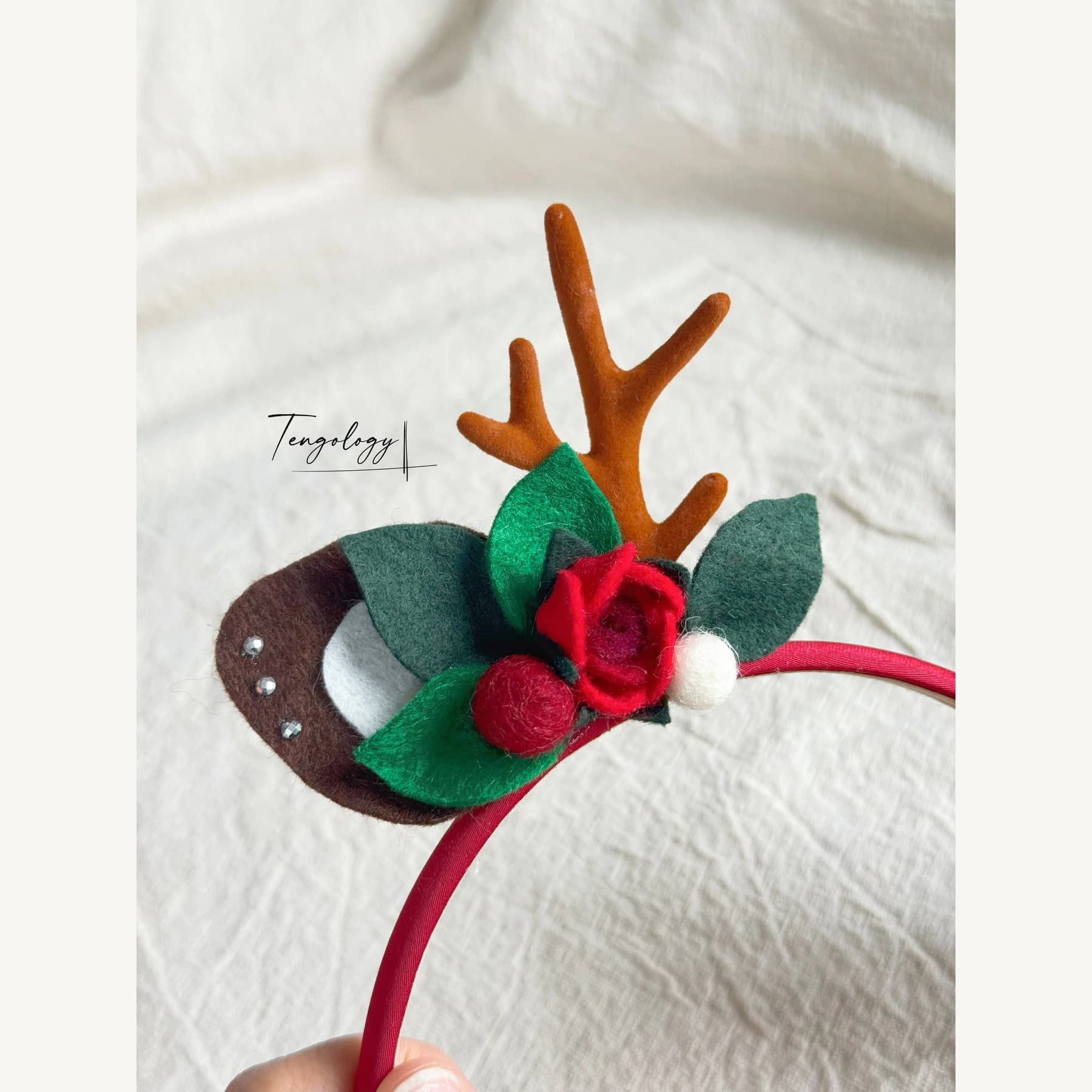 Reindeer Antler & Rose Floral Headband — Red band — rose detail