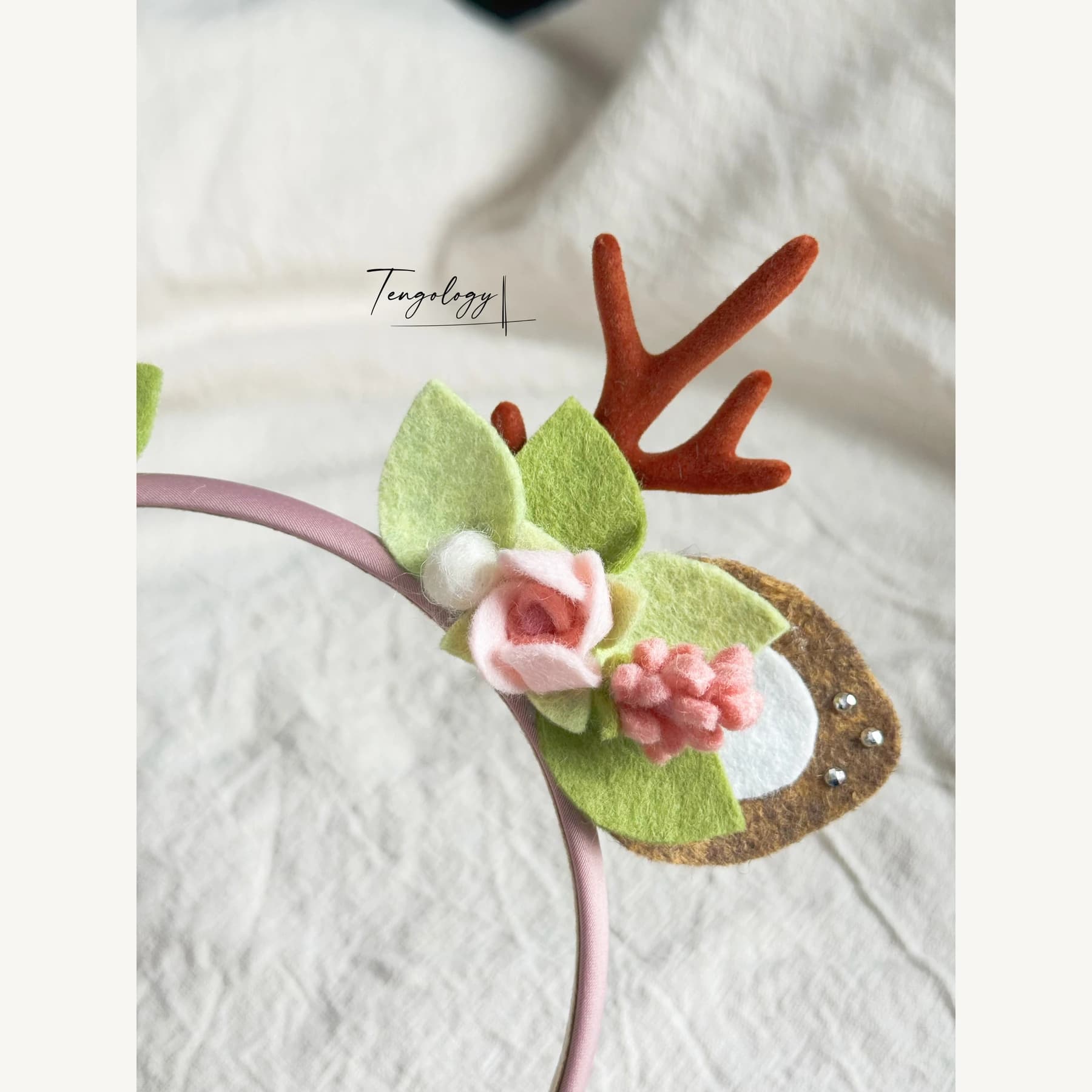 Reindeer Antler & Rose Floral Headband — Blush / pink band — rose detail