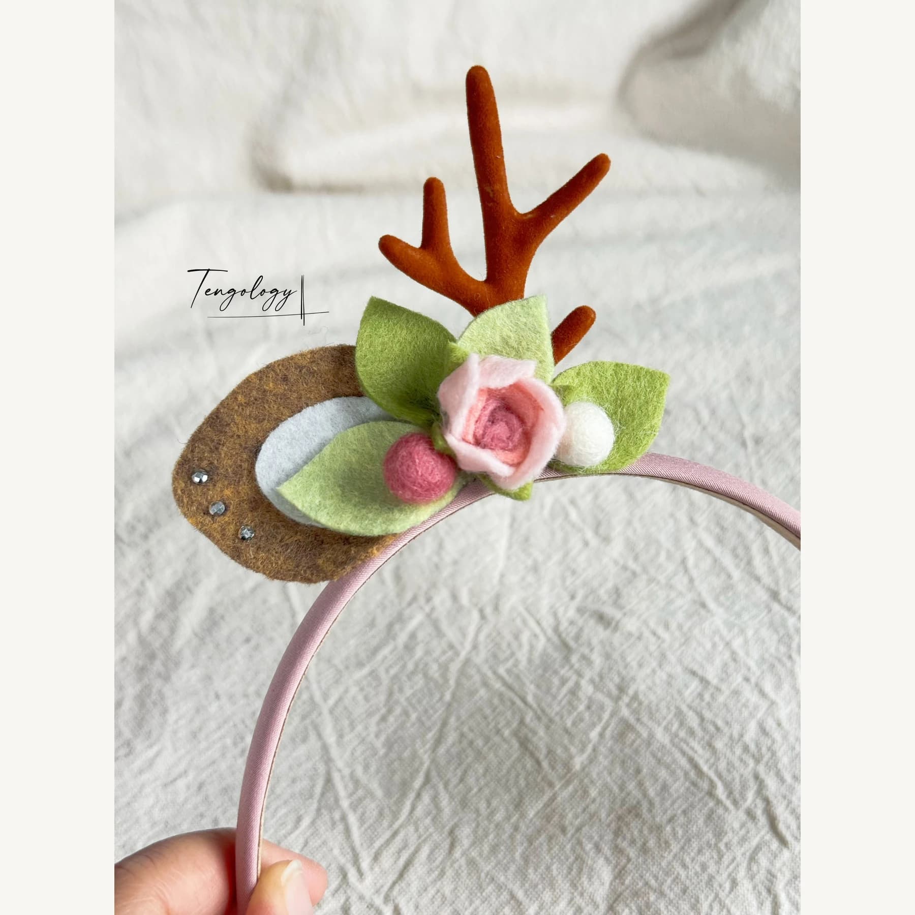 Reindeer Antler & Rose Floral Headband — Blush / pink band — rose detail
