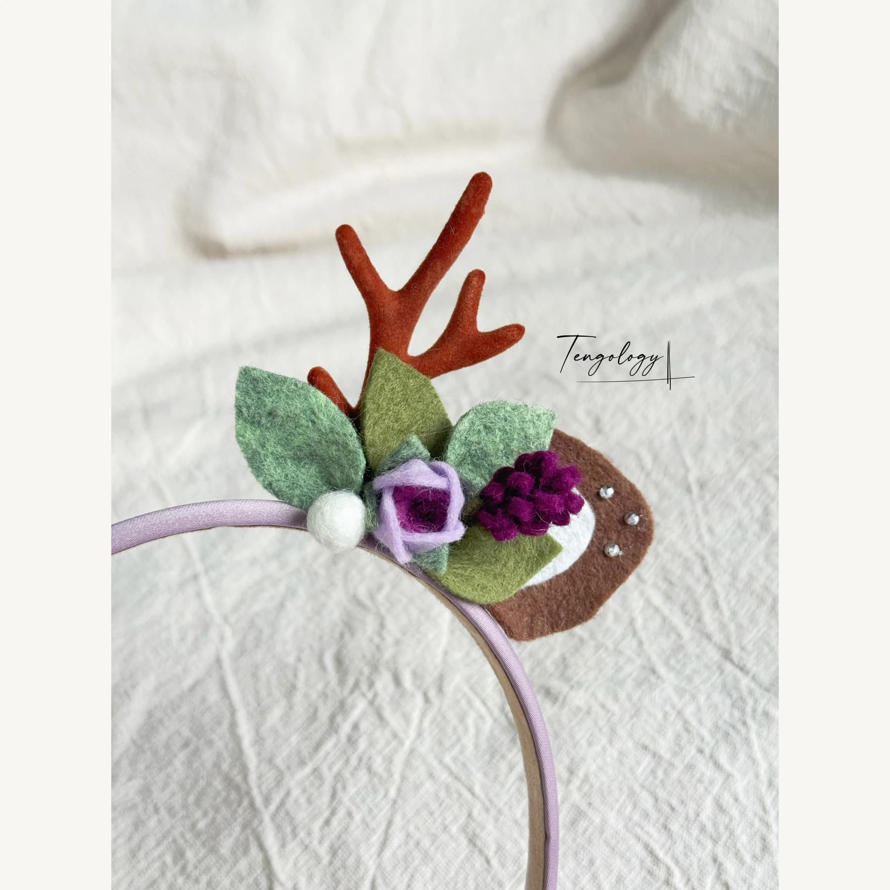 Reindeer Antler & Rose Floral Headband — Purple / lavender band — rose detail