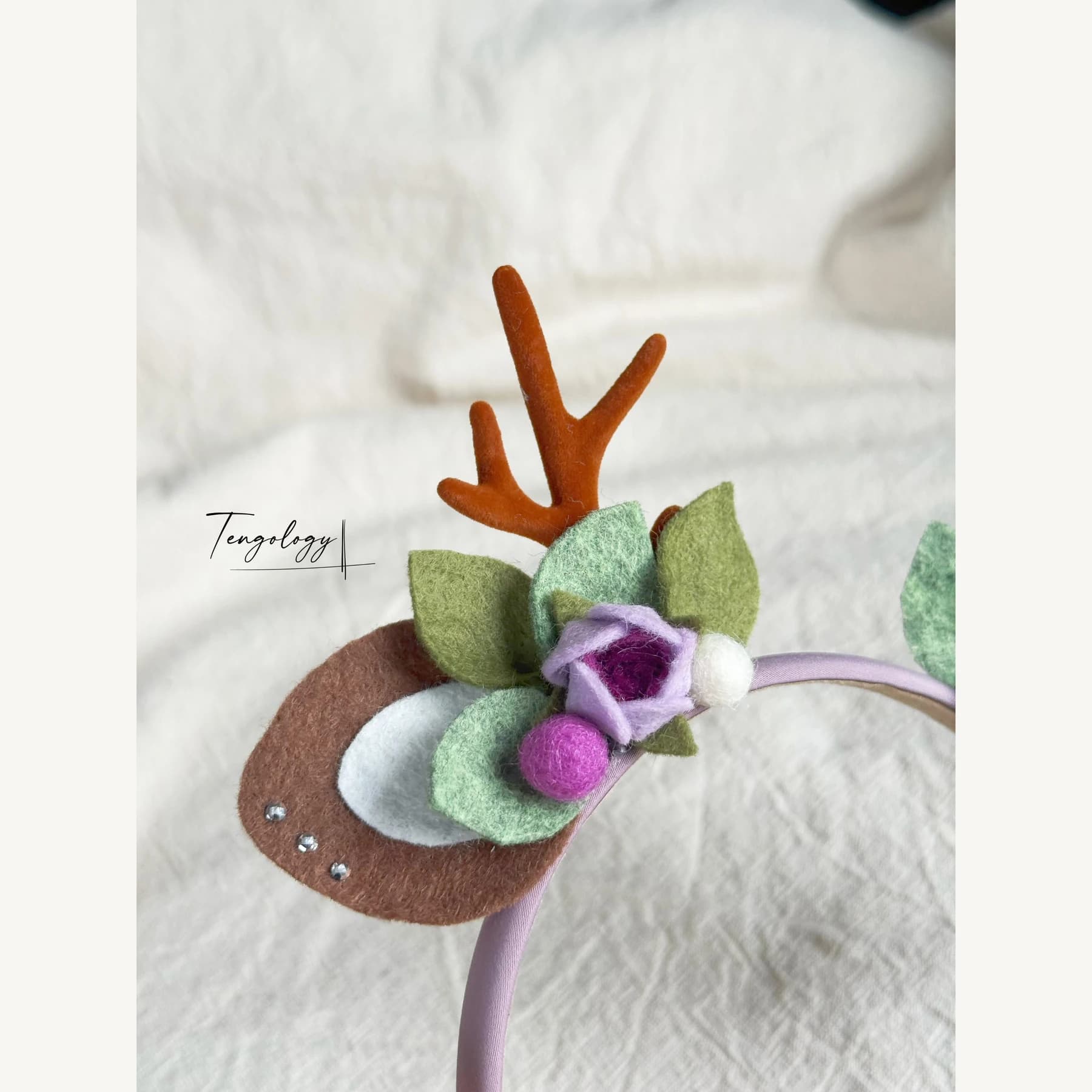 Reindeer Antler & Rose Floral Headband — Purple / lavender band — rose detail