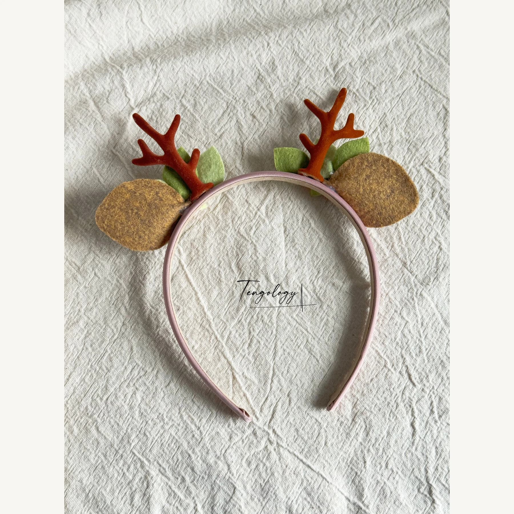 Reindeer Antler & Rose Floral Headband — Blush / pink band — back view