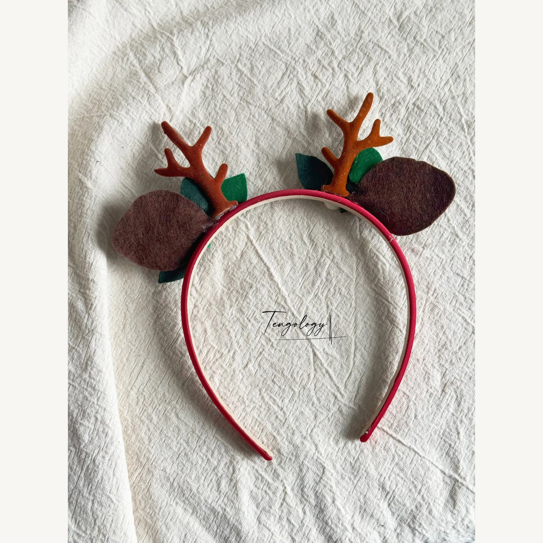 Reindeer Antler & Rose Floral Headband — Red band — back view