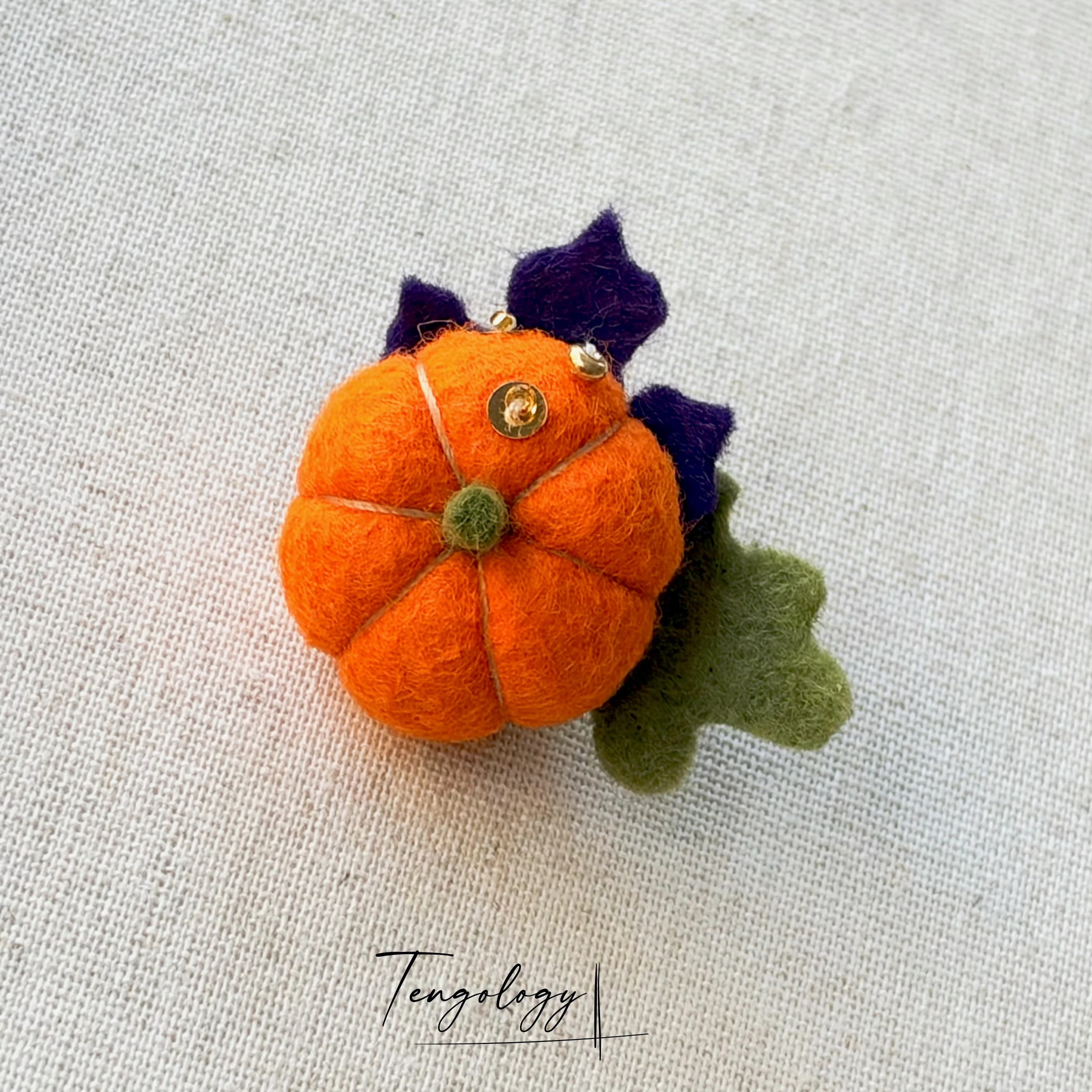 Single Pumpkin Brooch — Orange / Purple Leaves, front view
