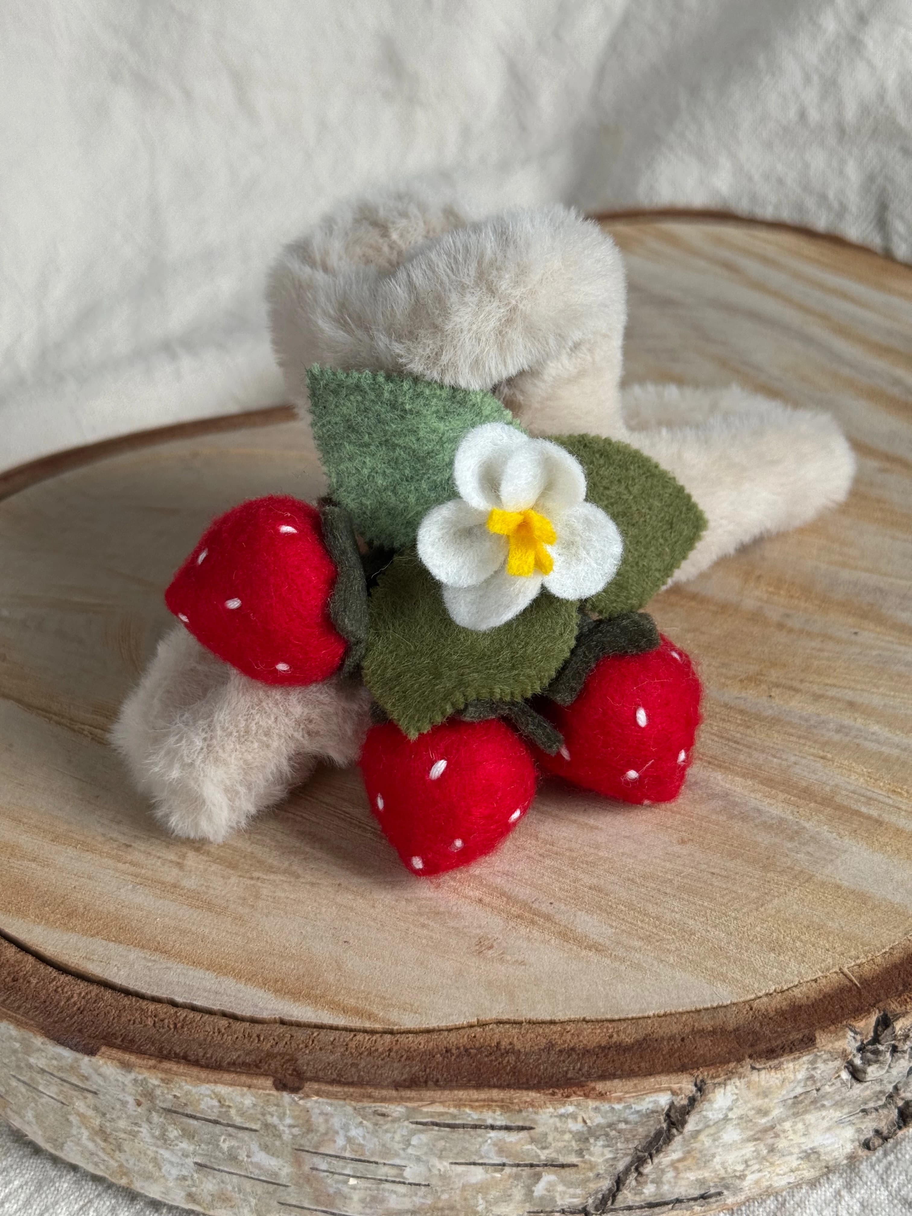 Strawberry Blossom Faux-Fur Claw Clip — cream faux fur with red strawberries
