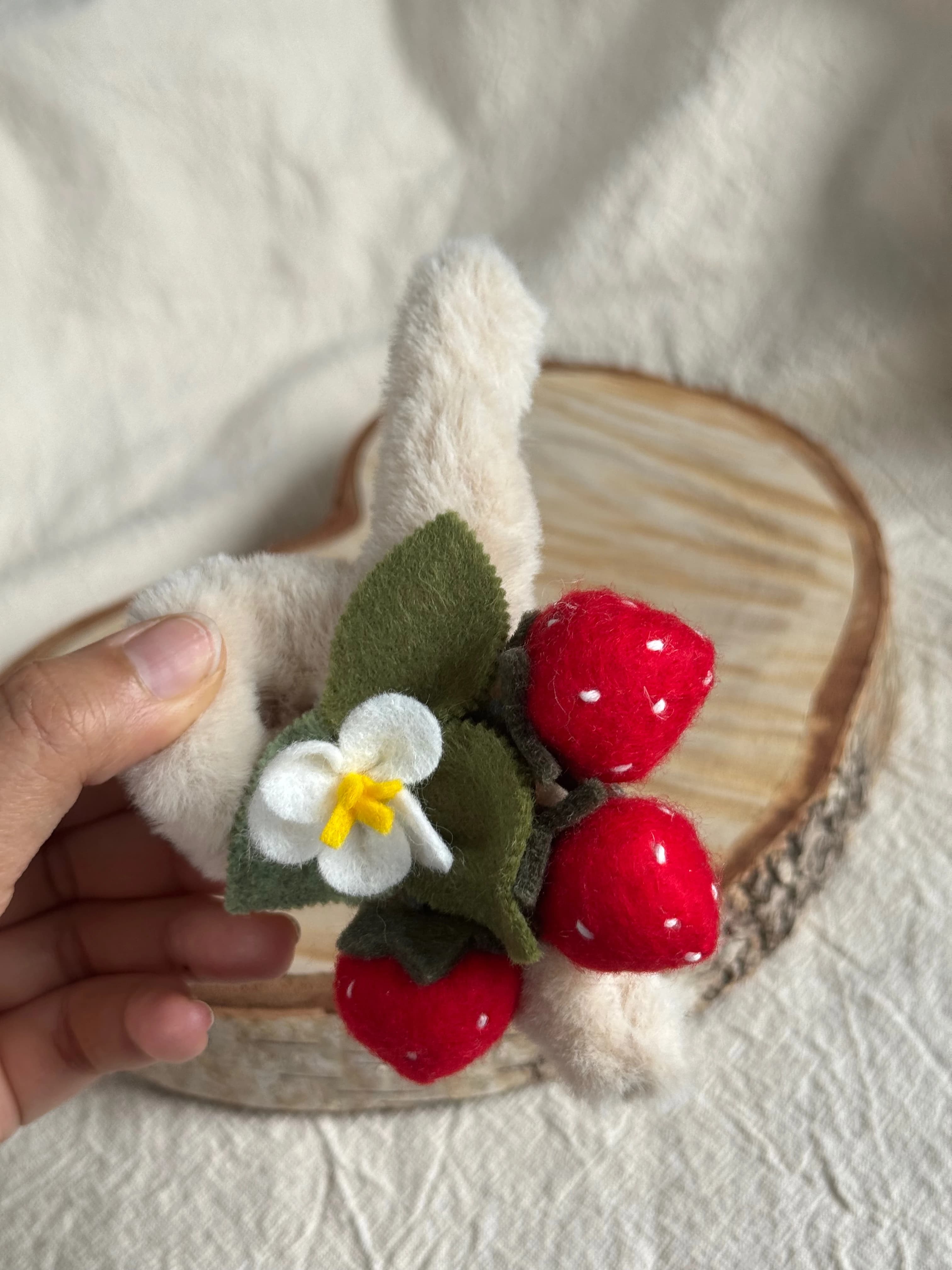 Strawberry Blossom Faux-Fur Claw Clip — cream faux fur with red strawberries