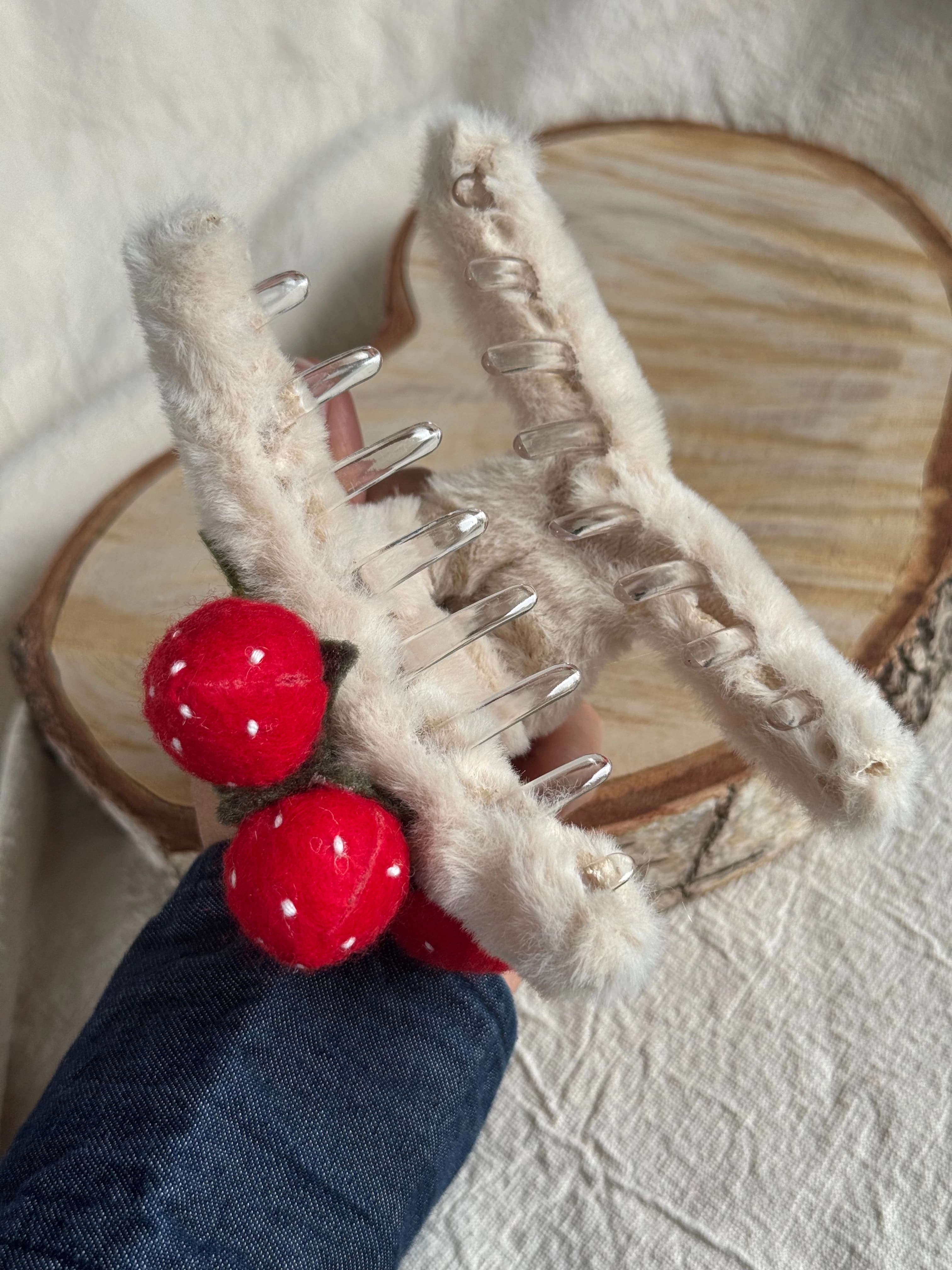 Strawberry Blossom Faux-Fur Claw Clip — cream faux fur with red strawberries