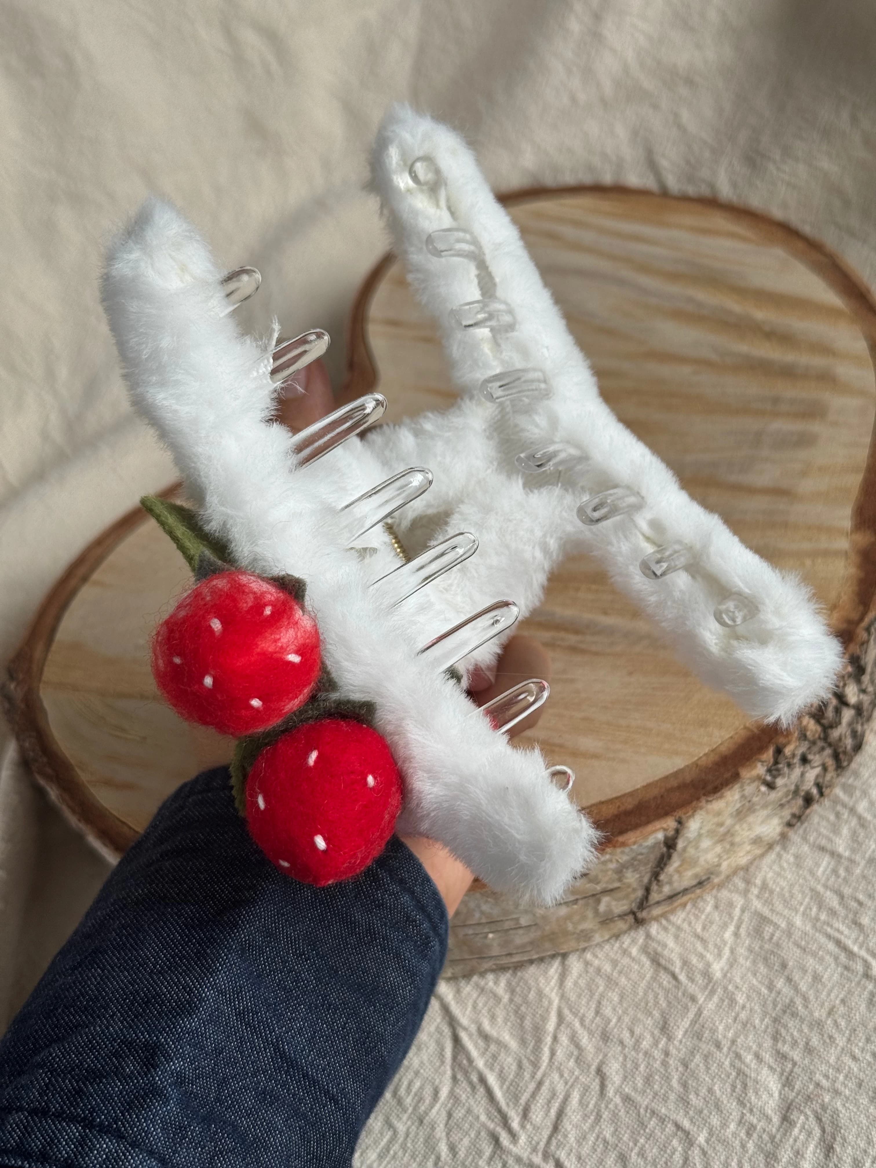 Strawberry Blossom Faux-Fur Claw Clip — white faux fur with pink and red strawberries