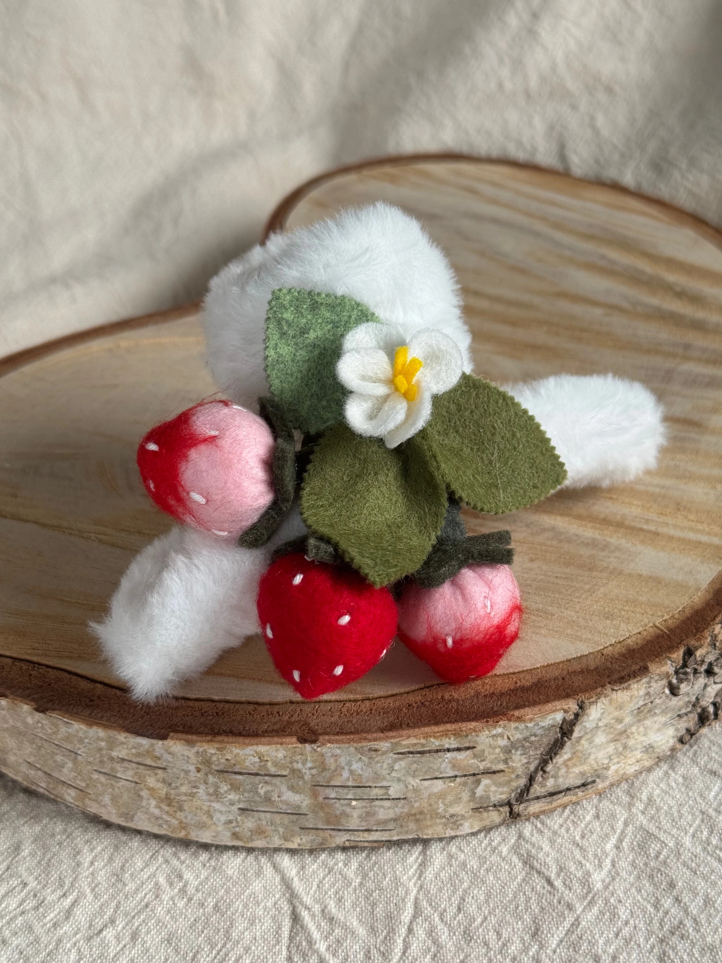 Strawberry Blossom Faux-Fur Claw Clip — white faux fur with pink and red strawberries