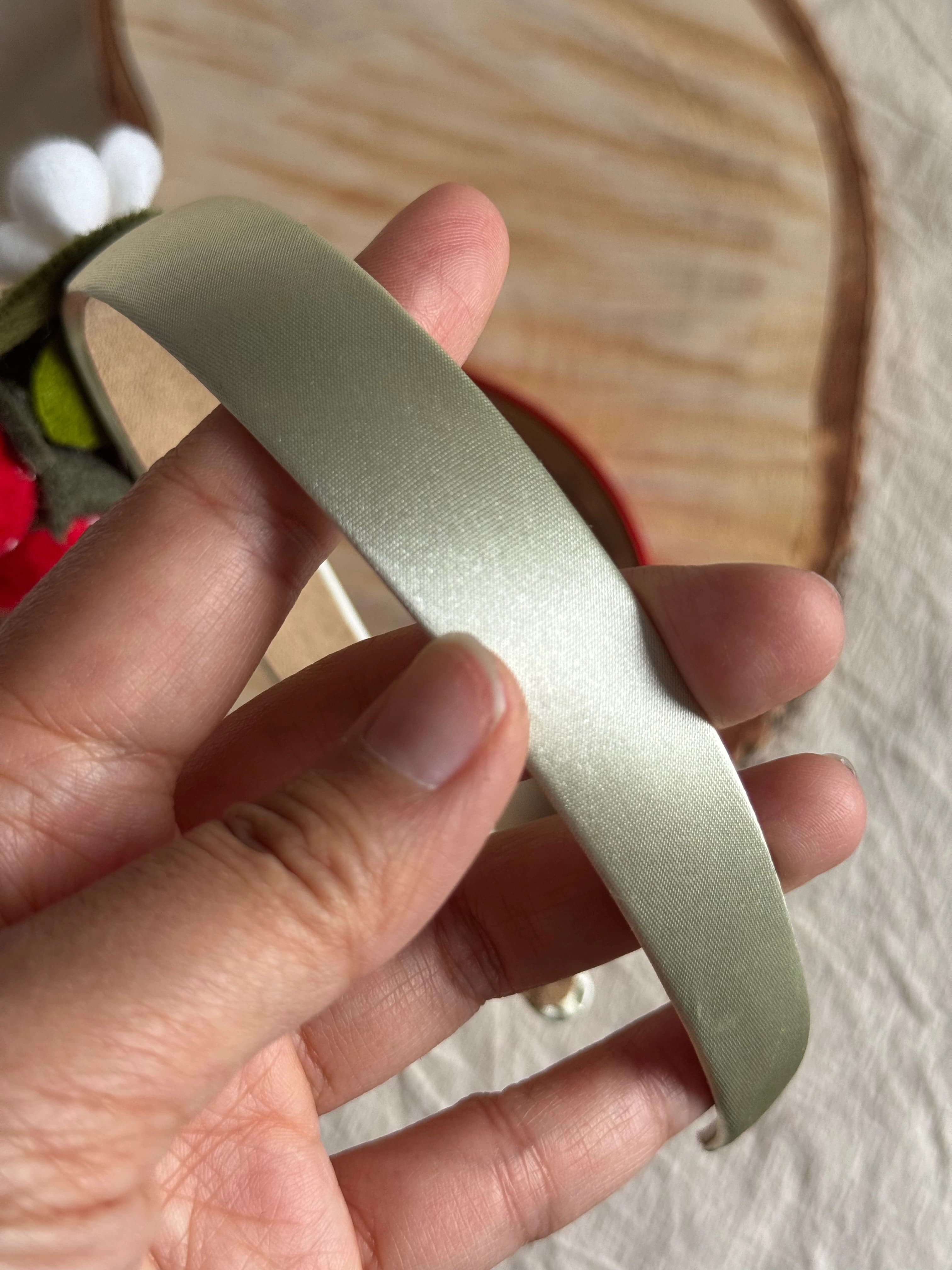 Sage ribbon with red strawberries — handmade felt headband