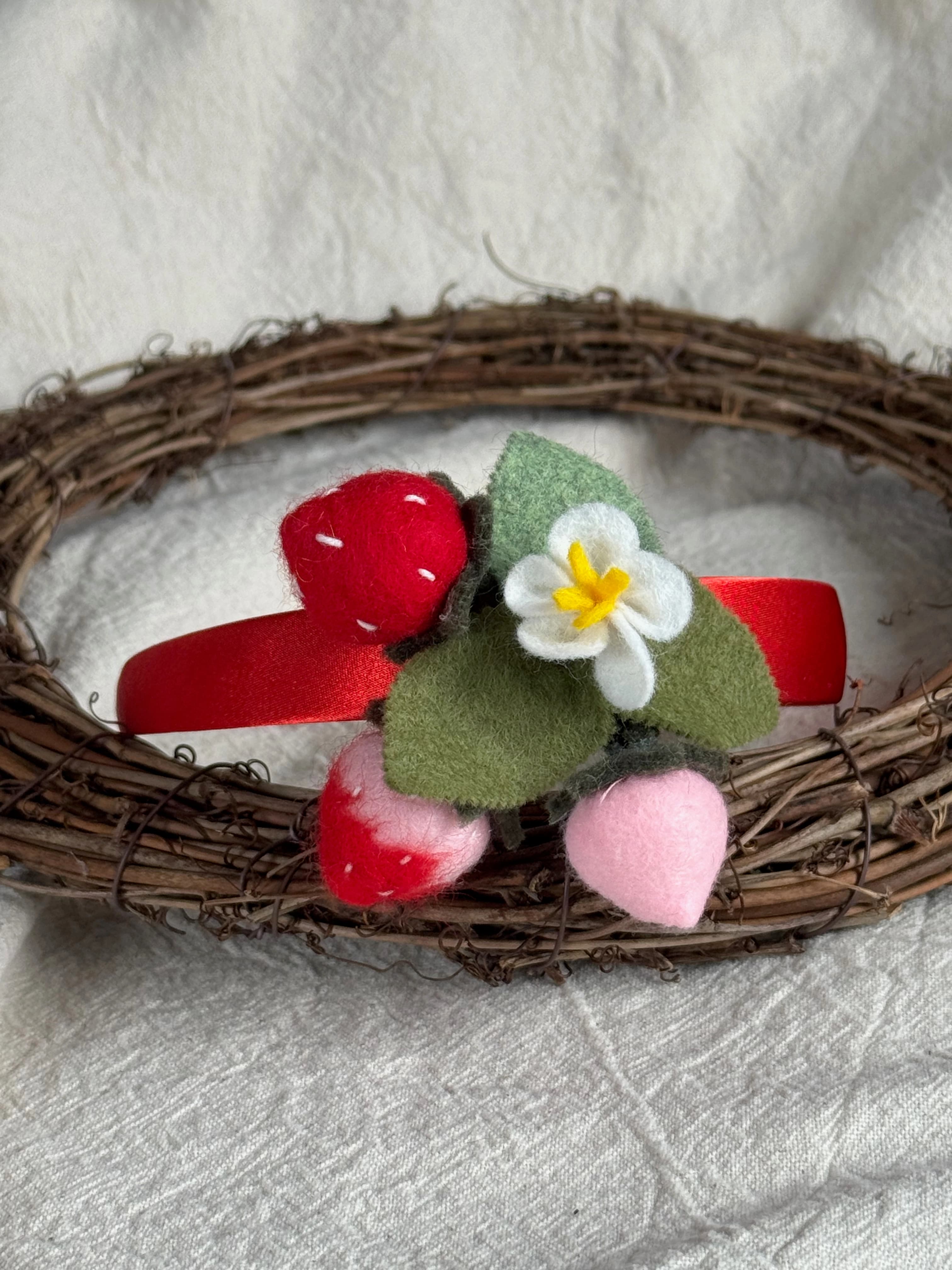 Red ribbon with red and pink strawberries — handmade felt headband