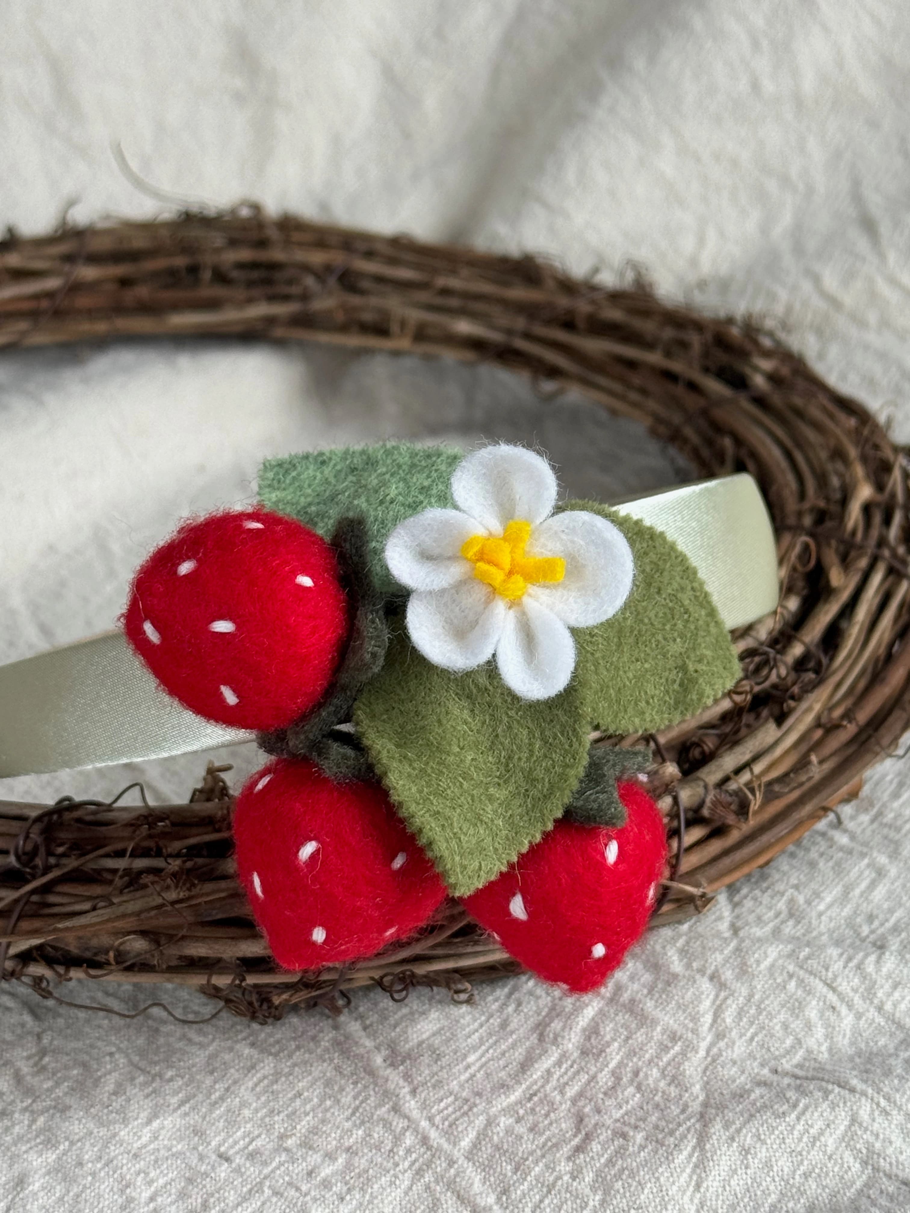 Sage ribbon with red strawberries — handmade felt headband