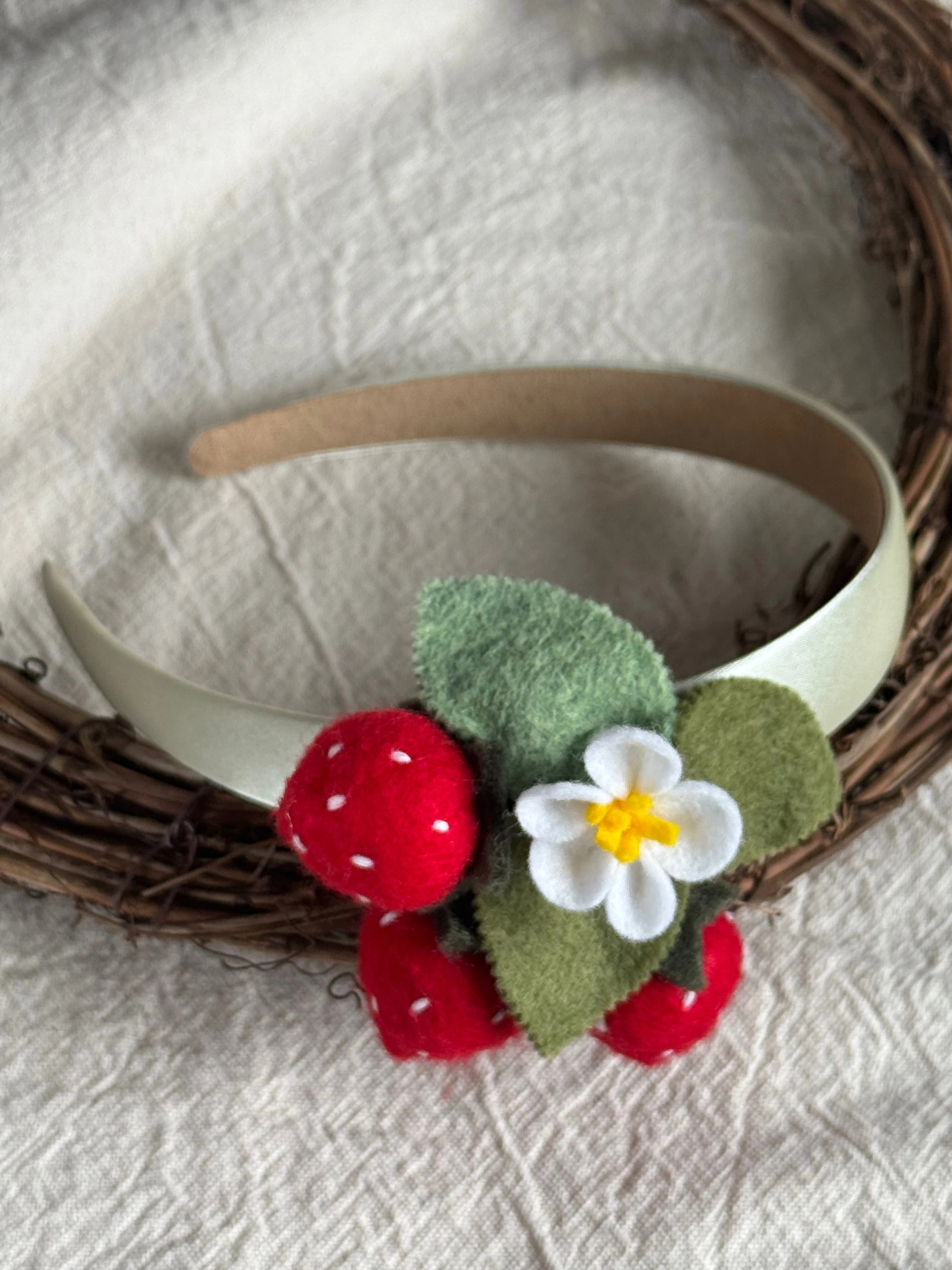 Sage ribbon with red strawberries — handmade felt headband