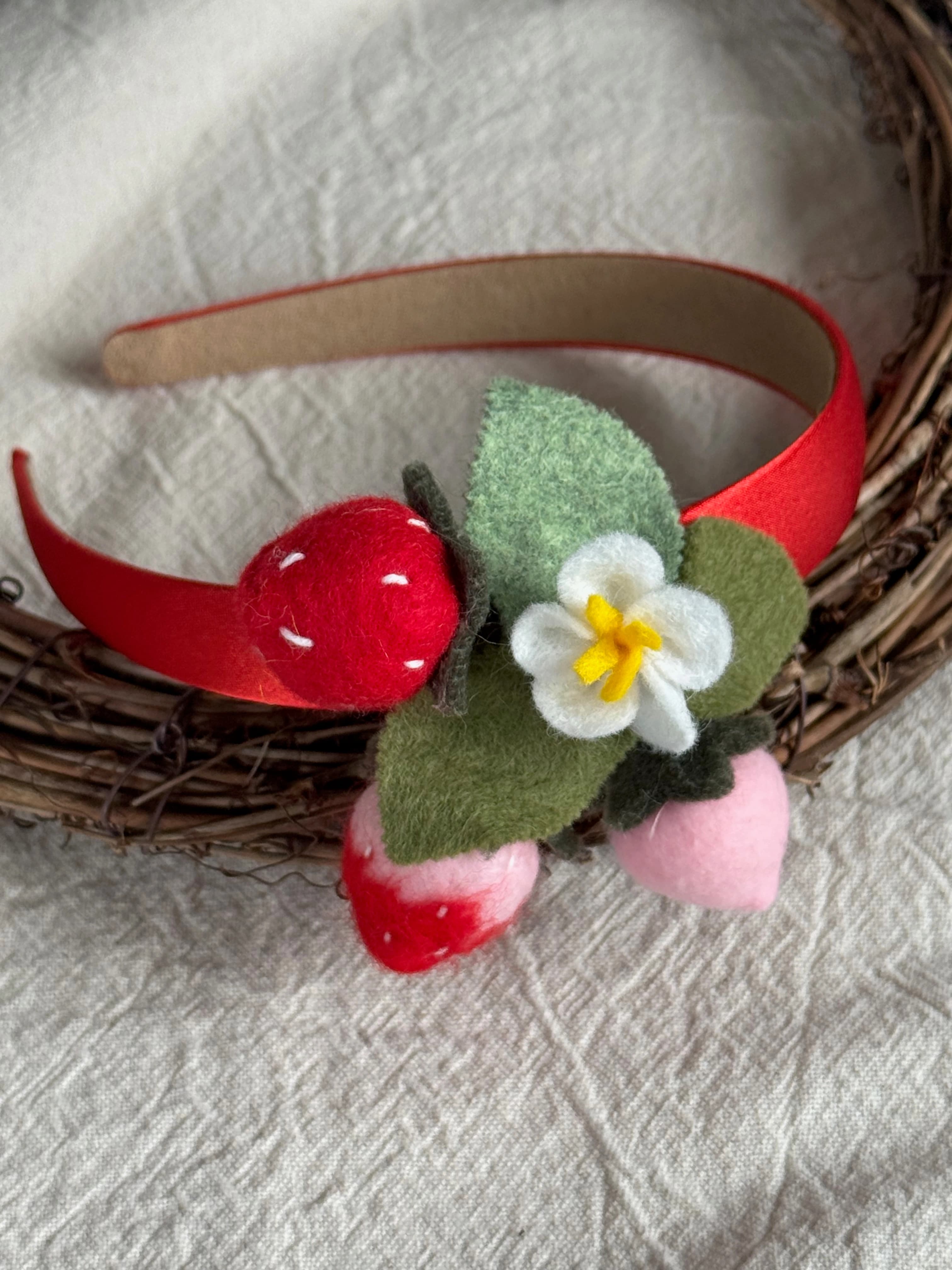 Red ribbon with red and pink strawberries — handmade felt headband