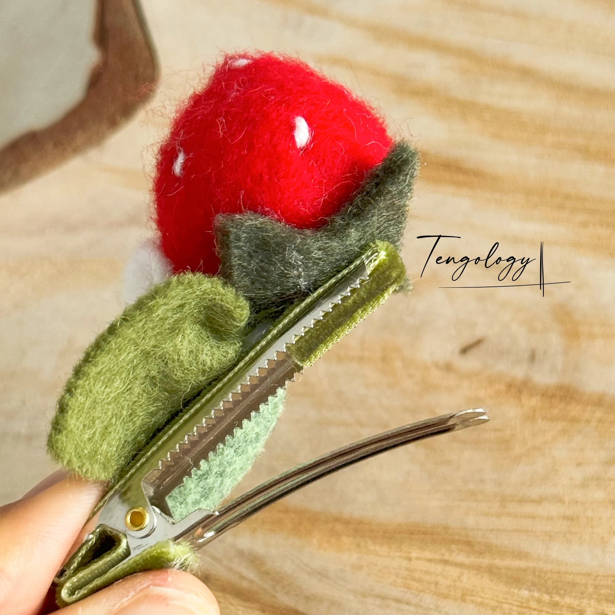 Single Strawberry Hair Clip — all red, back and fastening