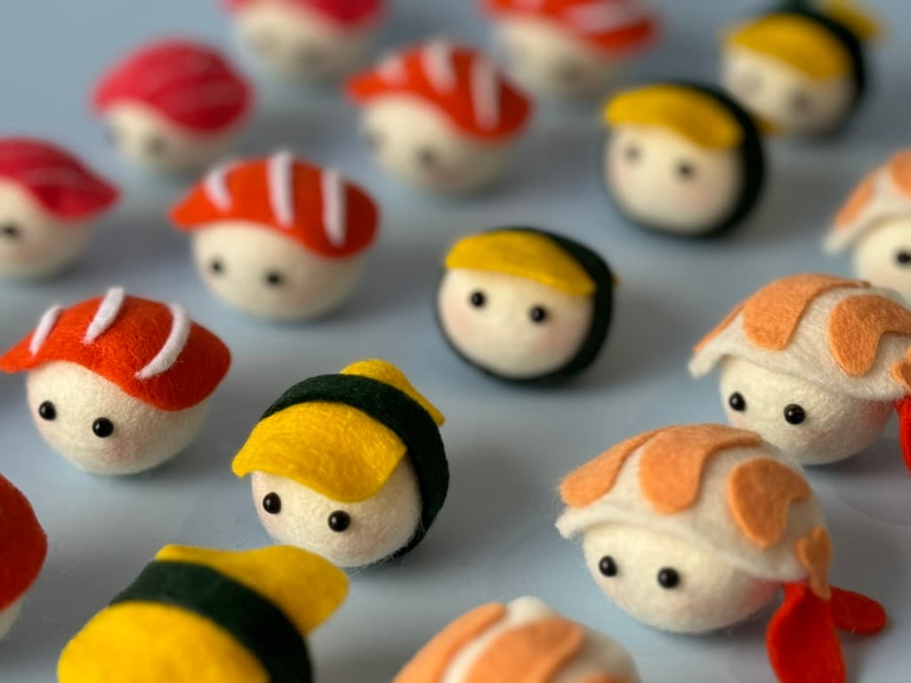Handmade felt sushi with smiling faces, arranged on the work table