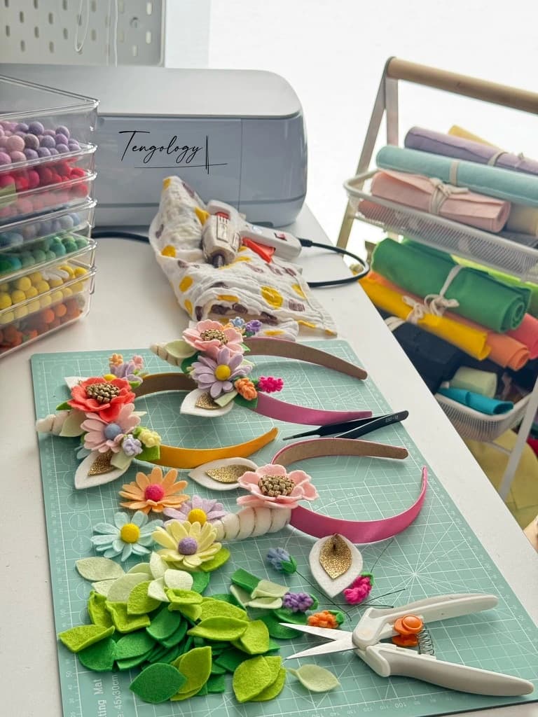 A work table full of flowers